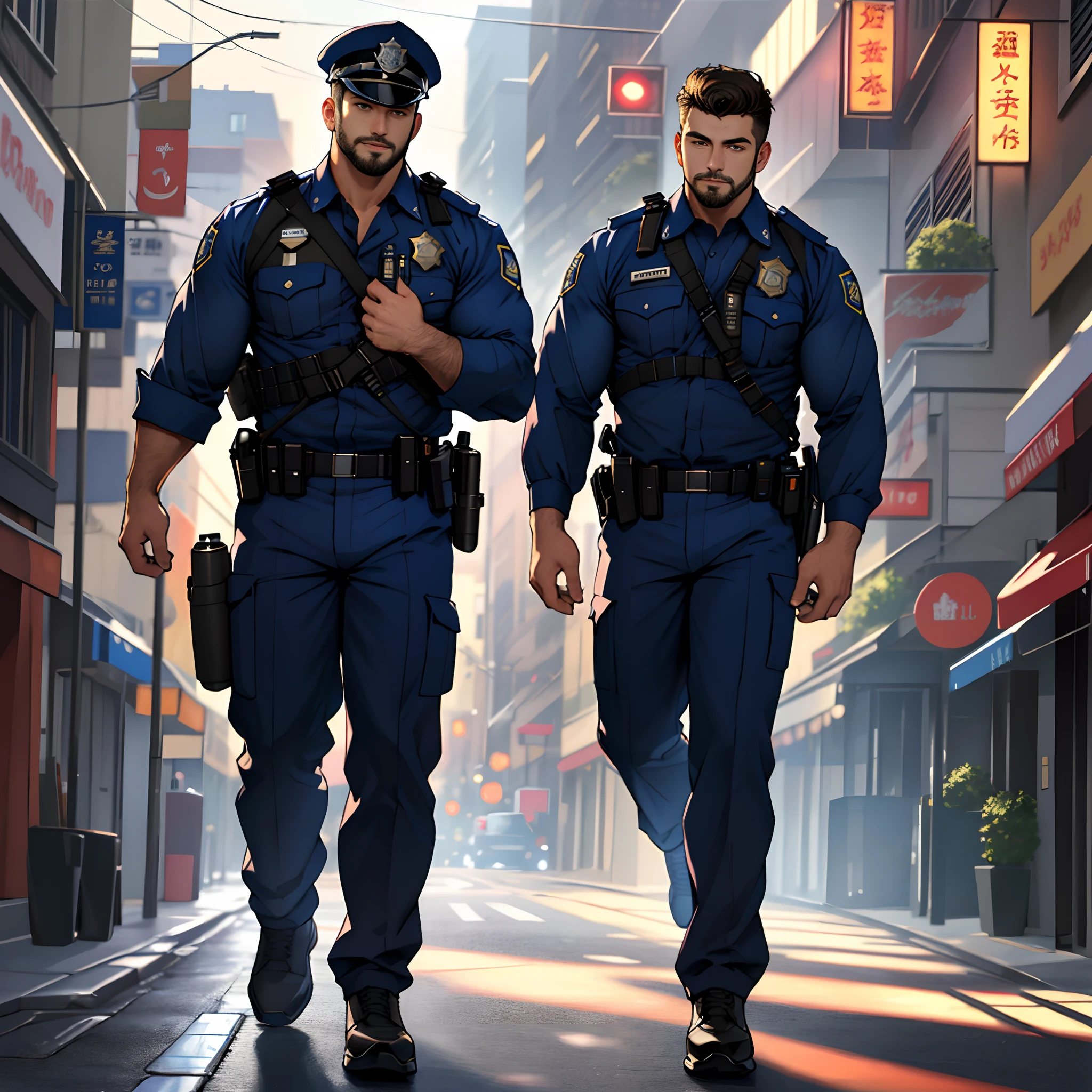 best quality, masterpiece, super high resolution, detailed background, realism, illustrations, single, 1 boy, street, muscle, volumetric lighting, depth of field, facial hair, full body, police uniform