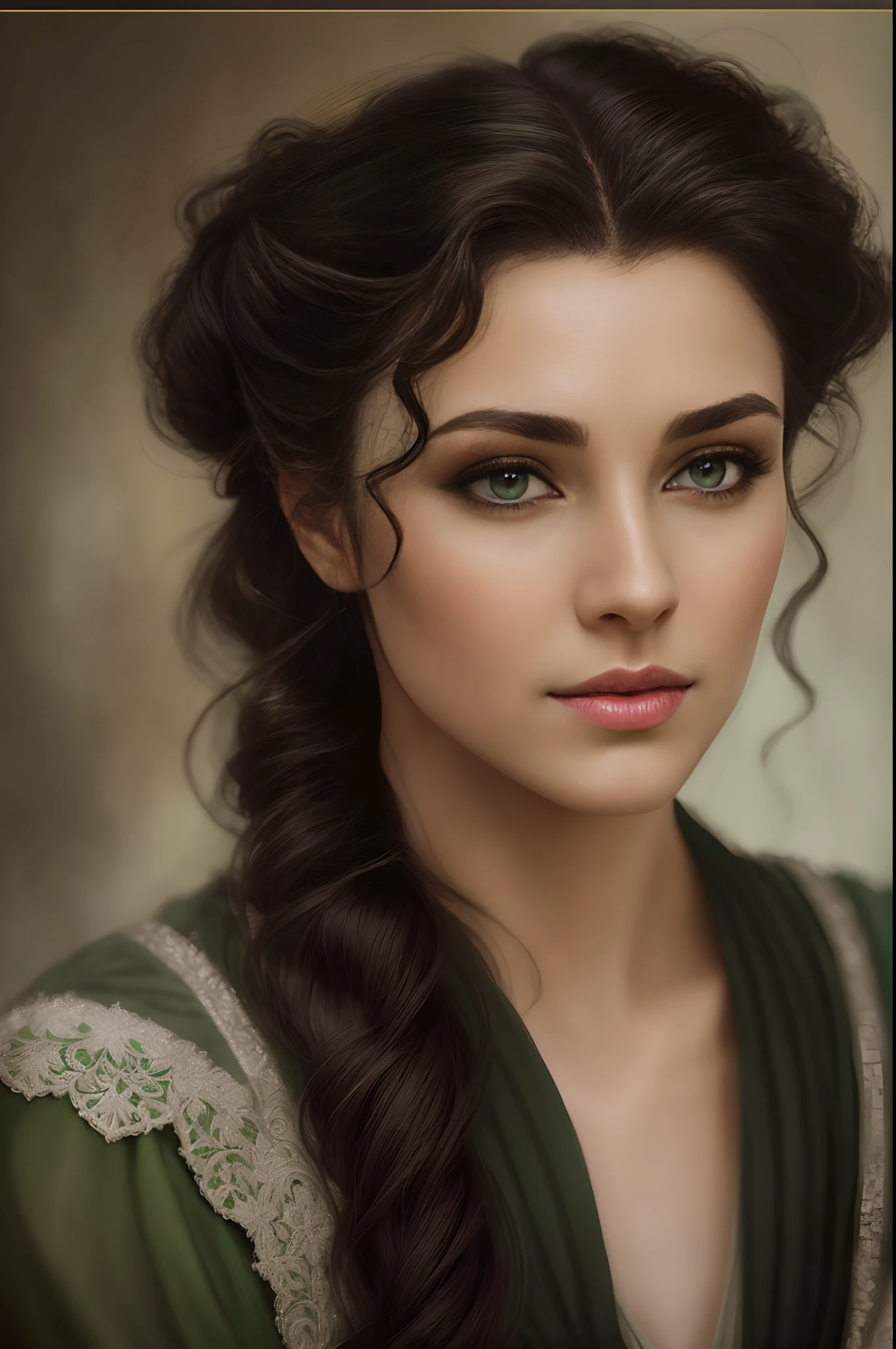 Arad woman with long hair and green eyes in a green dress, detailed beauty portrait, portrait of very beautiful elf, detailed beautiful portrait, beautiful fantasy portrait, fantasy art portrait, beautiful and elegant female elf, digital fantasy portrait, detailed matte fantasy portrait, Gorgeous digital painting, beautiful fantasy art portrait, renaissance digital painting, elven character with smirk, Realistic digital painting