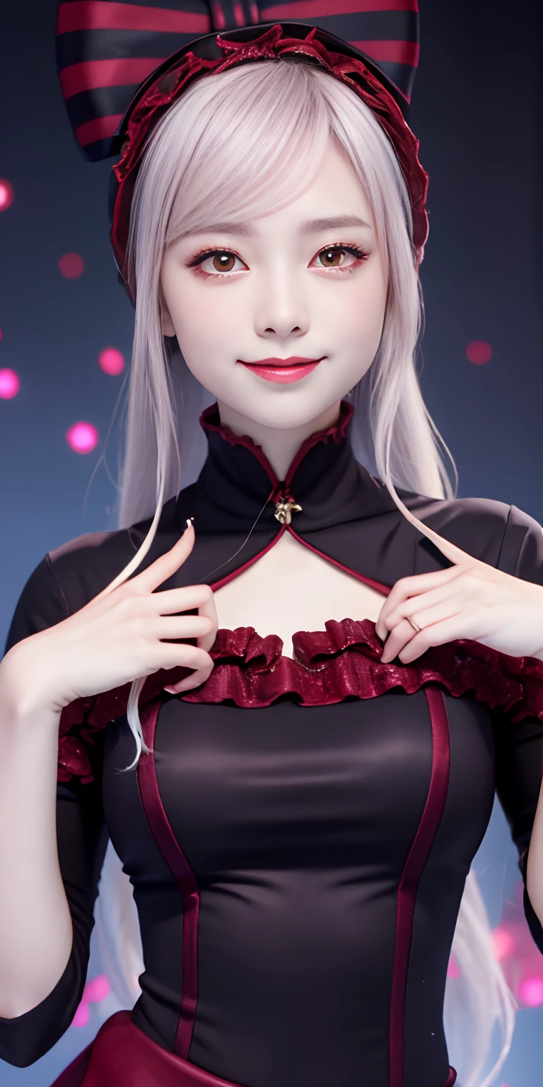 , top-quality, ShalltearV4, 1girl in, 独奏, doress, frilld, the bow, Hair Bow, tusk, Bewitching smile, pale-skinned, Shines, radiant eyes, portraitures,Complete body,double tooth,Red Eyes.