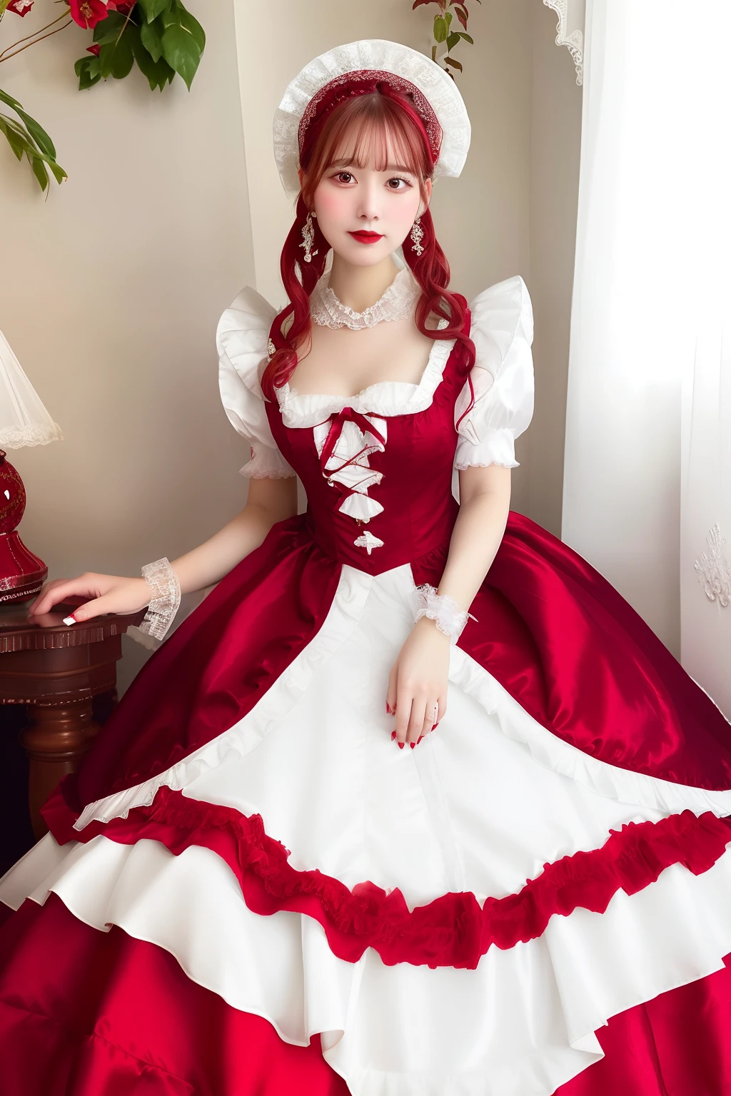 Close up portrait of woman in red satin dress and white satin gloves, rococo dress, rococo queen, Victorian red dress, rococo ruffles dress, dress in the style of rococo, fantasy dress, ta style, ethereal fairy tale, Icy Red Dress, victorian dress, Loliashion, magical dress, Full dress, fairycore, Belle Delphine