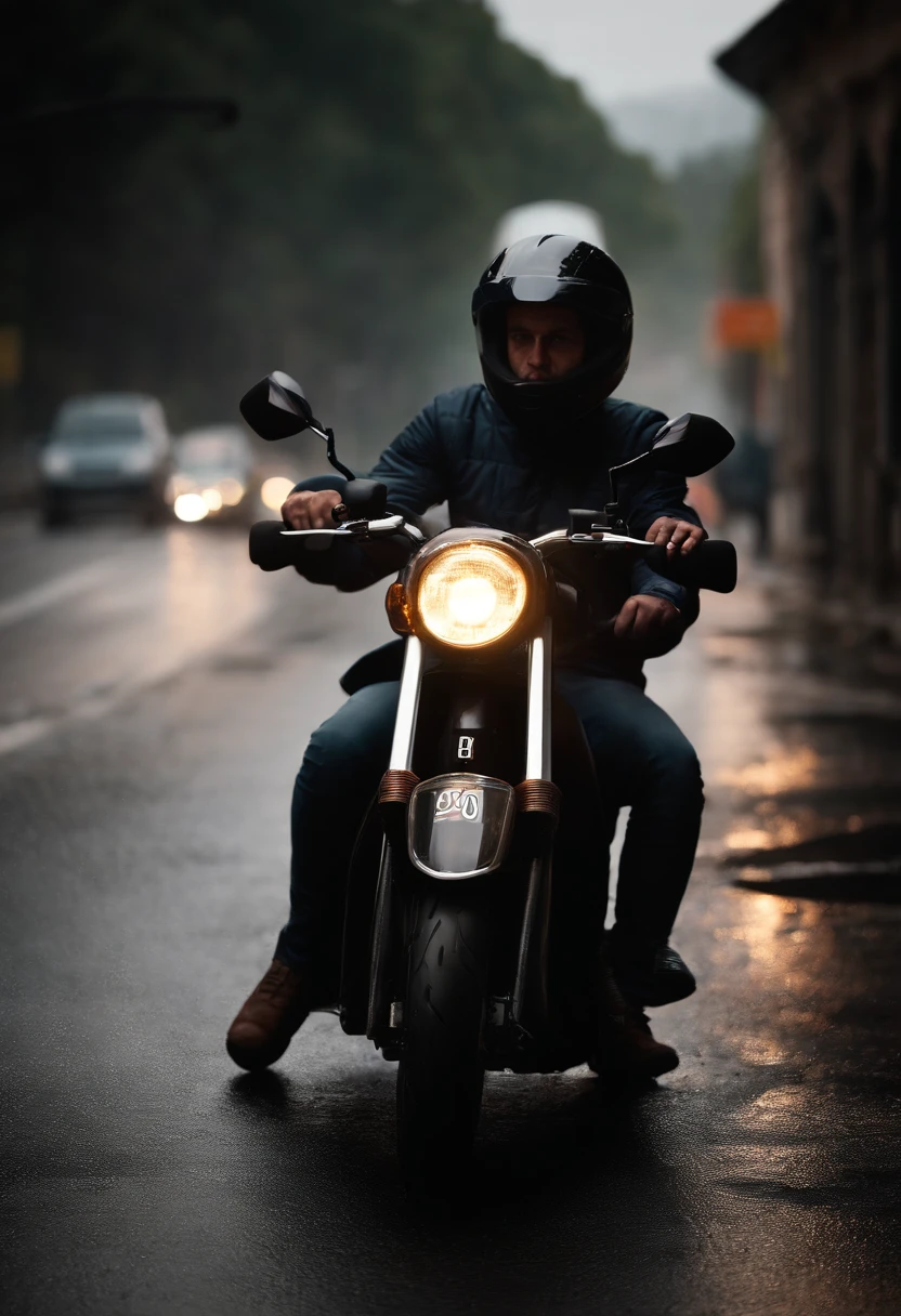 Create an image illustrating a scooter rider encountering a hazardous road condition like a pothole, emphasizing the importance of safe riding practices and protective gear to prevent accidents