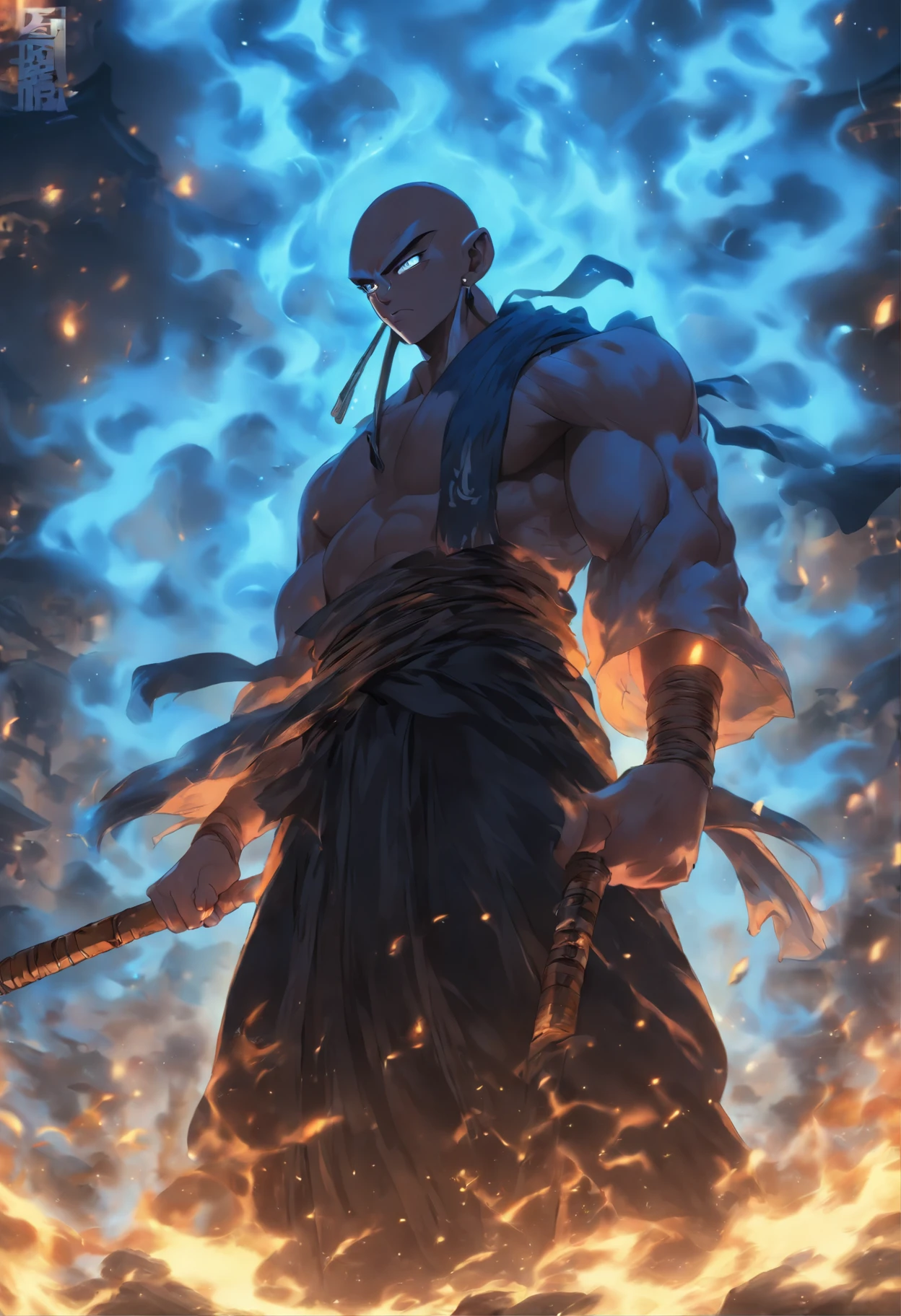 masterpiece、top-quality、hight resolution、High-quality images、8K、1male people、skin gloss、Detailed eye depiction、the detail、((Giant monk、Trained muscles、skin head、First old age、Black Regal Uniform、Thick cane in one hand、Slightly open eyes:1.4))、((Bursting energy、blue flames、Pale Flash:1.5))、Night Battle、ancient city、