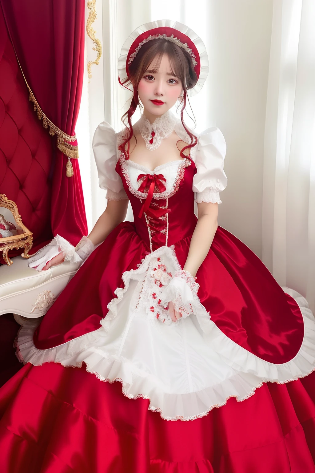 Close up portrait of woman in red satin dress and white satin gloves, rococo dress, rococo queen, Victorian red dress, rococo ruffles dress, dress in the style of rococo, fantasy dress, Lolita style, ethereal fairy tale, Icy Red Dress, victorian dress, Lolita Fashion, magical dress, Full dress, fairycore, Belle Delphine