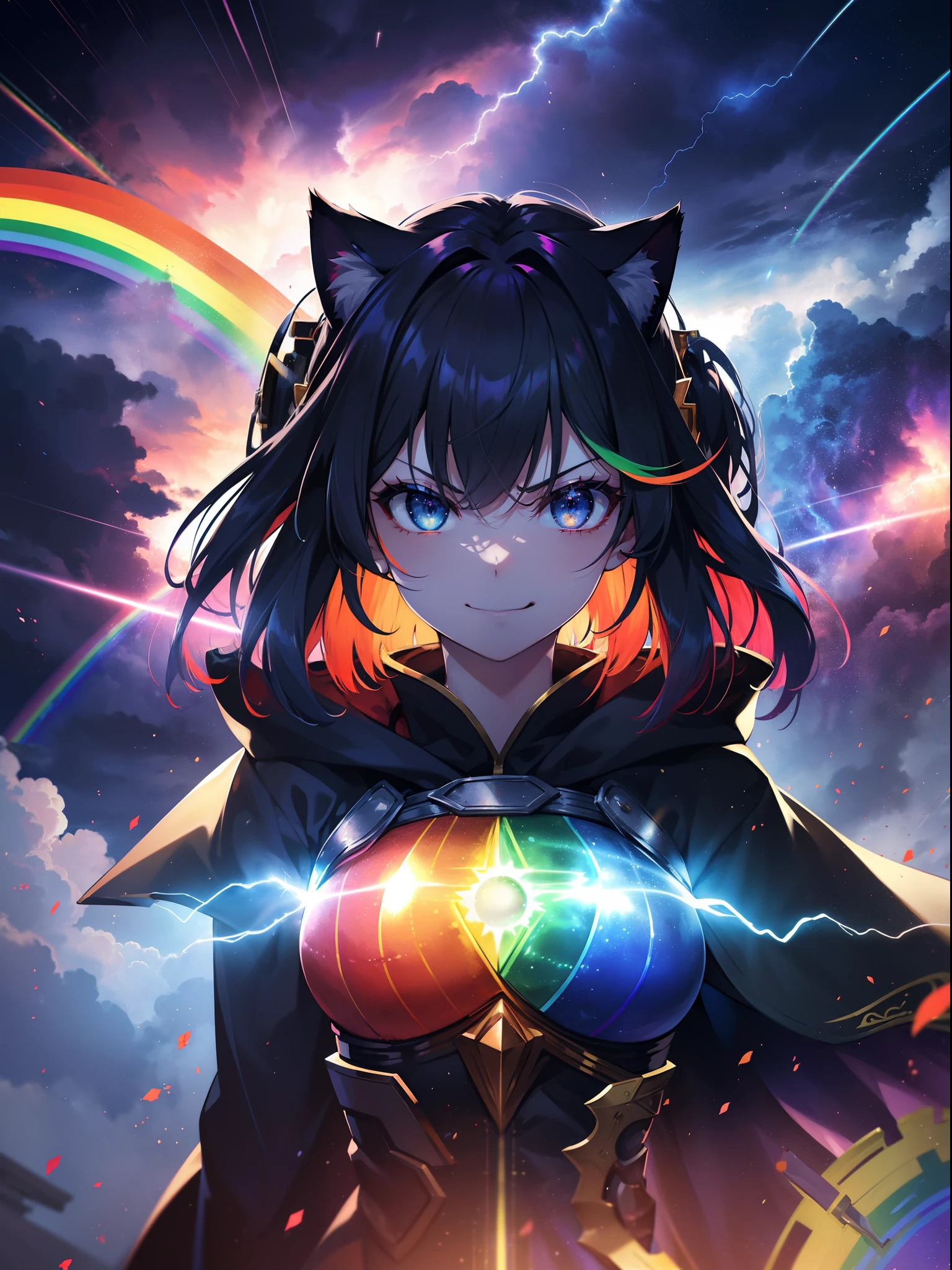 (Face Focus:1.3) (Rainbow Background:1.3),(angry,Smile:1.3) (close up of face:0.7), hair messy,Cat's ears,Hair color is orange、a short bob,Bright smile,War maiden costume with a cloak on her back, A vortex of lightning enveloped her, Canon 5D, 85 mm, depth of fields, 8K, ultra sharpness, nffsw, octane, Unreal, Dramatic light, Global Illumination,Motion Picture Film,rainbow,lensflare,Highly detailed,(Thunder Wave Art:1.3),(Fantasia:1.3),(Agfacolor:1.3),(close portrait:1.3),(Feminine:1.4),(Beautiful:1.4),(Attractive:1.3),Move an angle,perfectly detailed eyes,Eye color is red,Themed Background,Brave Sword,Blue lightning
