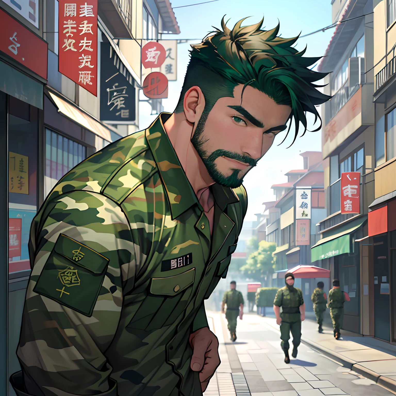 best qualtiy, tmasterpiece, 超高分辨率, detailedbackground, photorealestic, illustratio, Single, 1 boy, Young, Handsome, Mature man, sbeard, swat, the street, musculature, Facial hair, Volumetriclighting, depth of fields, (Green camouflage uniform)