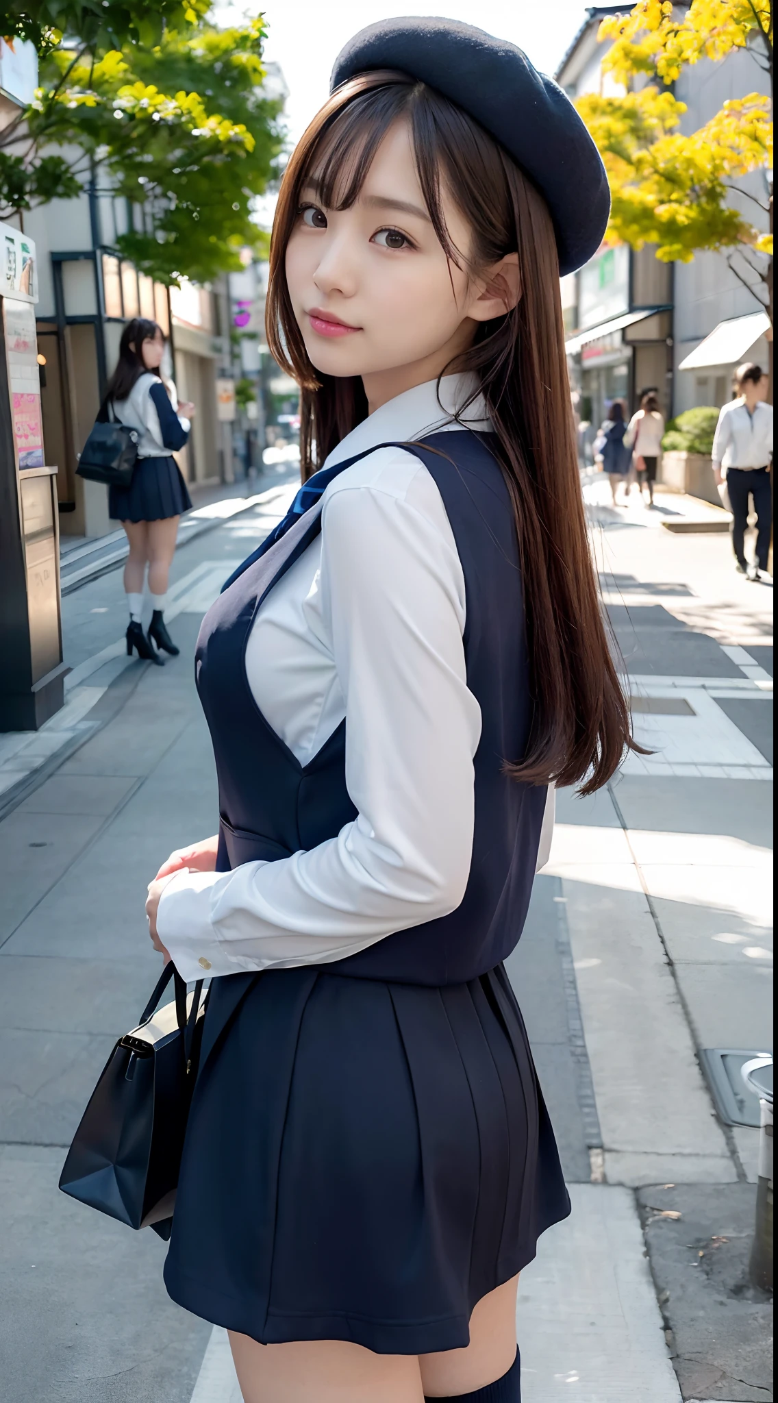 mix4, (16 K, Raw photography, Top image quality, masterpiece: 1.45), (realisitic, Photorealsitic: 1.37), one girls, 7.5, etc,cute little, A city scape,, profetional lighting, photon maping, Downtown Shibuya, physically-based renderingt, Gradient dark brown hair,, a handsome, Well-groomed and beautiful eyes、二重まぶた、girl with, (((student clothes、Long sleeve shirt worn by Japan high school girl、Navy blue vest、Ribbon-shaped tie、Dark blue over-the-knee skirt, Navy Blue Beret、Dark blue knee-high socks、Black loafers))), Top Quality Photos, hight resolution, 1080p, (clearface), (Detailed face description), (Detailed hand description), (masterpiece), (Exquisite CG)、extreme light and shadows、dishevled hair、master work、abundant detail、(Fine facial features)、(top quality photo)、(masuter piece)、(A detailed eye)、Look in front of you、Fine clavicle、((Slender big))、(((Japan schoolgirl wears a long-sleeved shirt)))、((Sexy Idol System))、((Gingko tree-lined shopping street))、(Shooting from random perspectives)、(((Anyway cute)))、耳Nipple Ring、A big smile、Drawing the whole body from the knees、Do not draw nasolabial folds、(((Shoulder bags used by Japan schoolgirls)))、(Big breasts that hang down big:1.2)、Big buttocks with tension、Two arms and two legs、(((from the front side:1.1)))、bare hand、