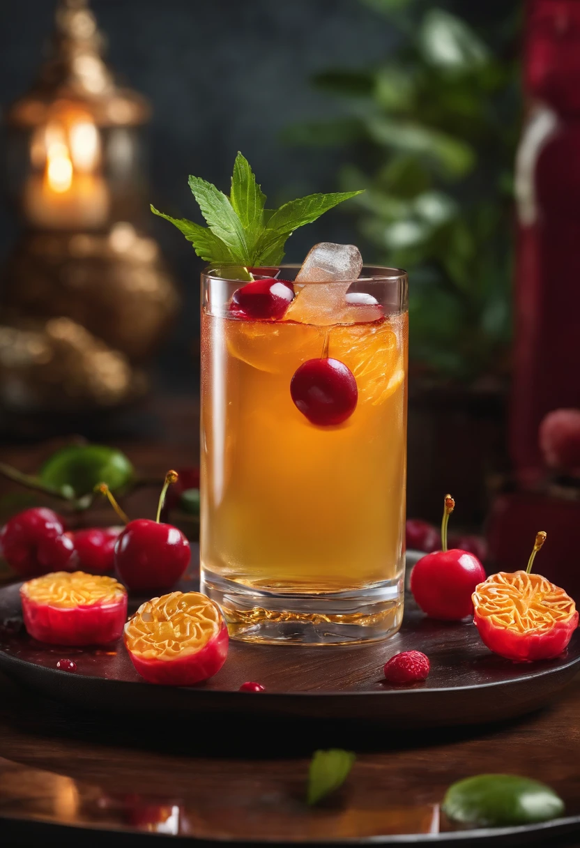 Commercial shooting, Cantonese cuisine 1 egg yolk mooncake, Mooncakes are large in size, poster for, Fresh style background, elegant, Booth lighting, Attractive, photorealistic colors, Ultra HD,There was a glass of water,Inside there are cherry slices and lime slices, drink, colorful coctail, drinking cocktail, decor, berry juice drips, berry juice, cherry, mixed drink, cherry explosion, berry juice drips, Close-up Shot Shot, spatter, semi - realistic render, close up food photography,