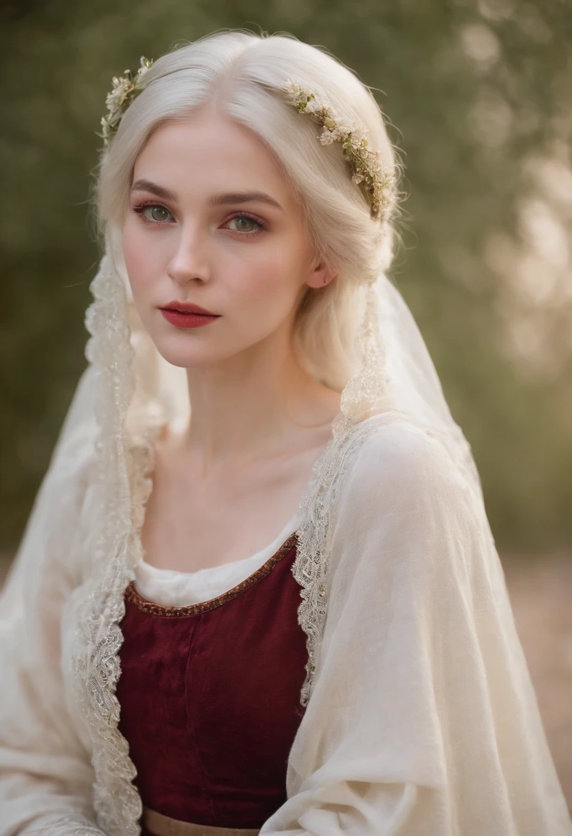 (((a deep reddish wound crosses her left cheek))) fair complexion, woman around 19 years old, natural white hair, distinctive green eyes, wearing kohl, slender and graceful, beautiful, candlelight in a medieval setting, ultra sharp focus, realistic shot, medieval female clothes, tetradic colors (scar:1.4)