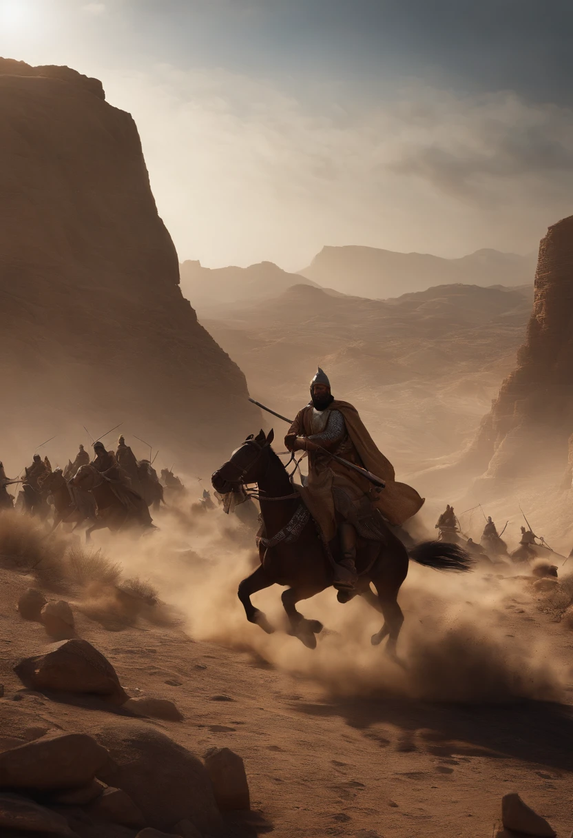 a photorealistic scene depicting 'The Battle of Uhud at Arab Peninsula in 600 AD' with the utmost attention to detail and realism. Use the Niji 5 rendering engine in Unreal Engine, harnessing the power of Octane Render for lifelike visuals. Ensure the scene captures the historical accuracy and intensity of this battle. Pay meticulous attention to every aspect, including the landscape, soldiers' attire, weaponry, and facial expressions. Utilize high-resolution 4K or 8K resolution for impeccable clarity and detail. Employ HDR lighting for dynamic realism. This scene should transport viewers back in time, making them feel as if they're witnessing the battle unfold before their eyes, cinematic., conceptual art, dark fantasy