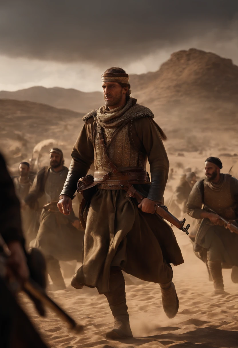 a photorealistic scene depicting 'The Battle of Uhud at Arab Peninsula in 600 AD' with the utmost attention to detail and realism. Use the Niji 5 rendering engine in Unreal Engine, harnessing the power of Octane Render for lifelike visuals. Ensure the scene captures the historical accuracy and intensity of this battle. Pay meticulous attention to every aspect, including the landscape, soldiers' attire, weaponry, and facial expressions. Utilize high-resolution 4K or 8K resolution for impeccable clarity and detail. Employ HDR lighting for dynamic realism. This scene should transport viewers back in time, making them feel as if they're witnessing the battle unfold before their eyes, cinematic., conceptual art, dark fantasy