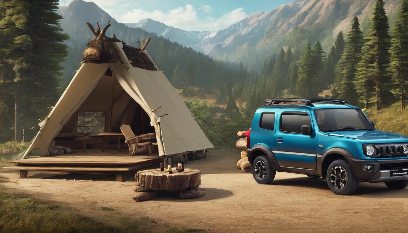 The background is a log house、Camping in front of the building、teepee、Stove、The table、Burning fire、On the right is a Suzuki Jimny