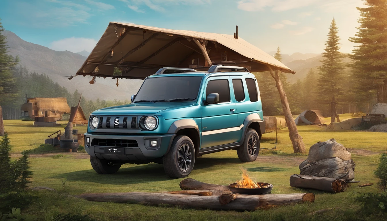 The background is a log house、Camping in front of the building、teepee、Stove、The table、Burning fire、On the right is a Suzuki Jimny