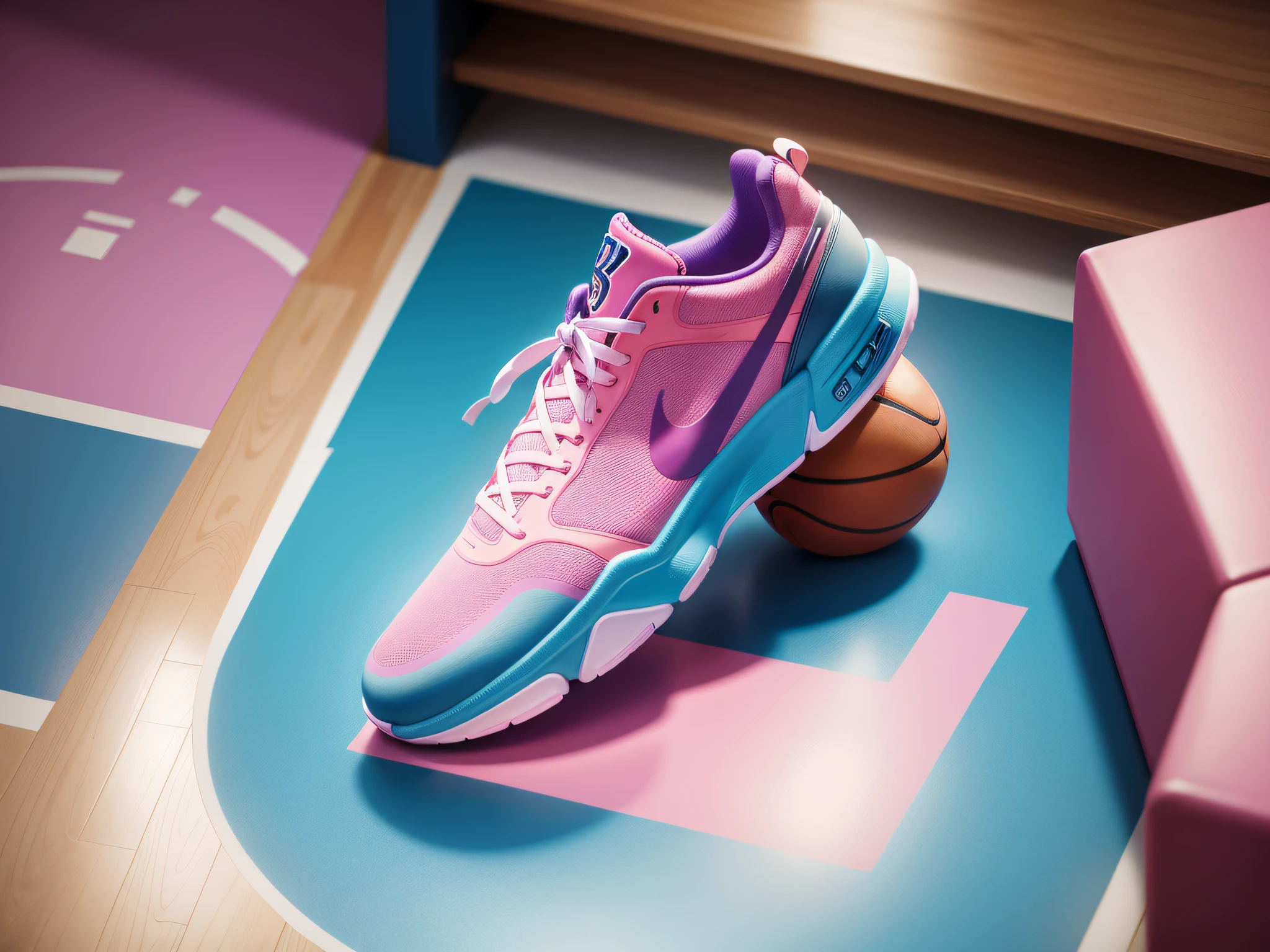 isometric render, basketball court , pink and blue, purple bench, pink and blue basketball, basket full of ball