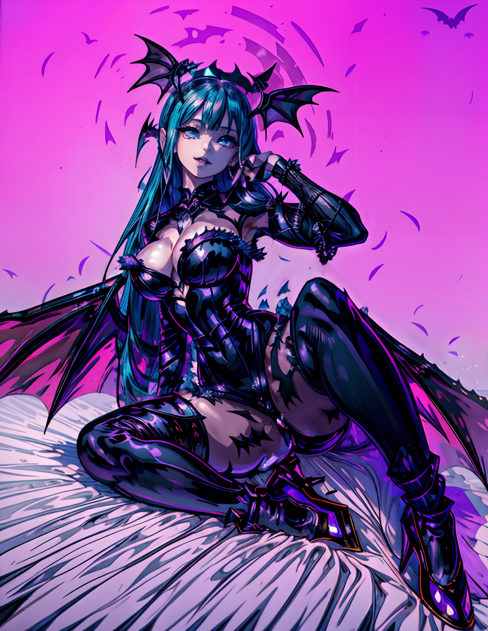 araffe dressed in a black and purple outfit and a bat, morrigan aensland, morrigan, beautiful succubus, hatsune miku cosplay, succubus in tight short dress, succubus, villainess has black angel wings, glamourous cosplay, anigirl batman, nocturne from league of legends, demoness, fantasy photoshoot, succubus | medieval,perfect hands, detailed hands, Nice hands Perfect eyes, detailed eyes,Nice eyes,lewd smile,cyan hair, lewd laugh, looking at viewer