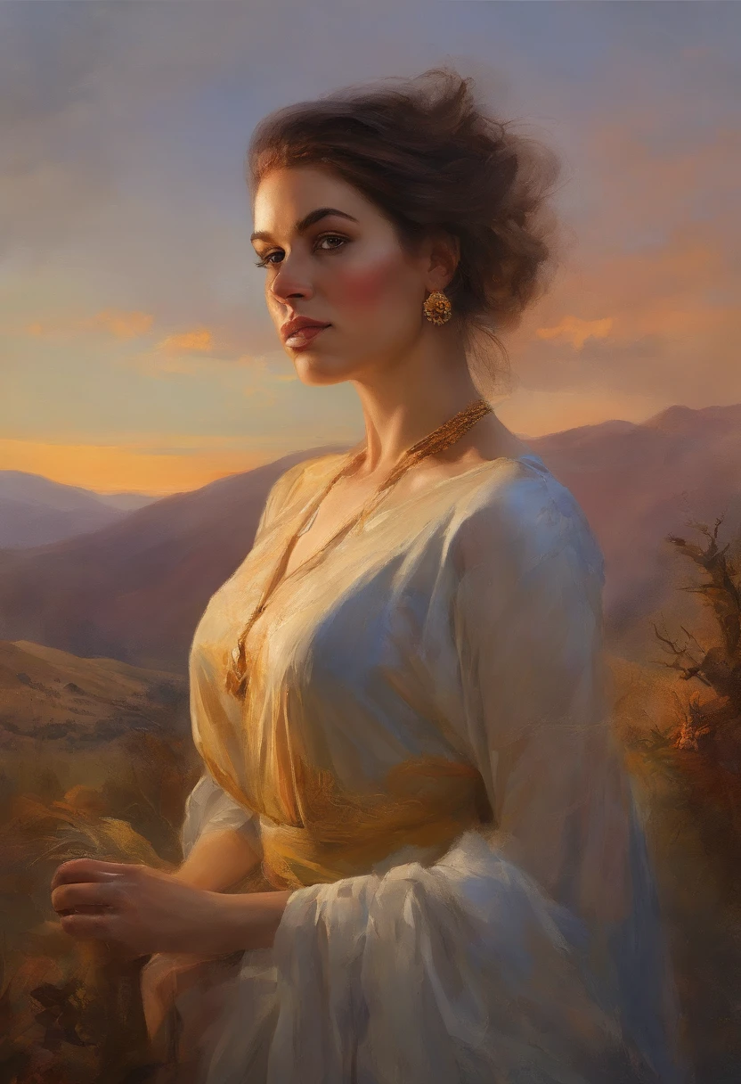 A 35-year-old girl,messy hair,oil painted,perfect face,Soft skin perfect face,blue yellow colors,Light purple and violet color added,Light red color added,Complicated details,Splash screen, In front of the beautiful Orissant, As the sun sets, Related to the sacred, Portrait photos, director: Drew Tucker, director: Adam Marchinski, director: Alexander Kucharisky, director: Gavin Nolan, 8K surrealism, director: Jason Felix, Yuri Shwedoff e Tom Bagshaw, illustrative art, Estello Eric Johnson