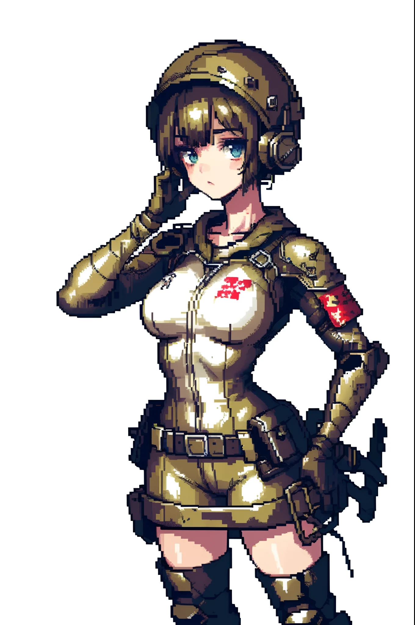 (tmasterpiece, hiquality, beste-Qualit), pixel, Pixel Art, 1 girl , body complet, (((Contemptuous, Hesitate))), (((whitebackground))), ((((Characters in the post-apocalyptic world of the wasteland)))), (close - up), ((dressless))