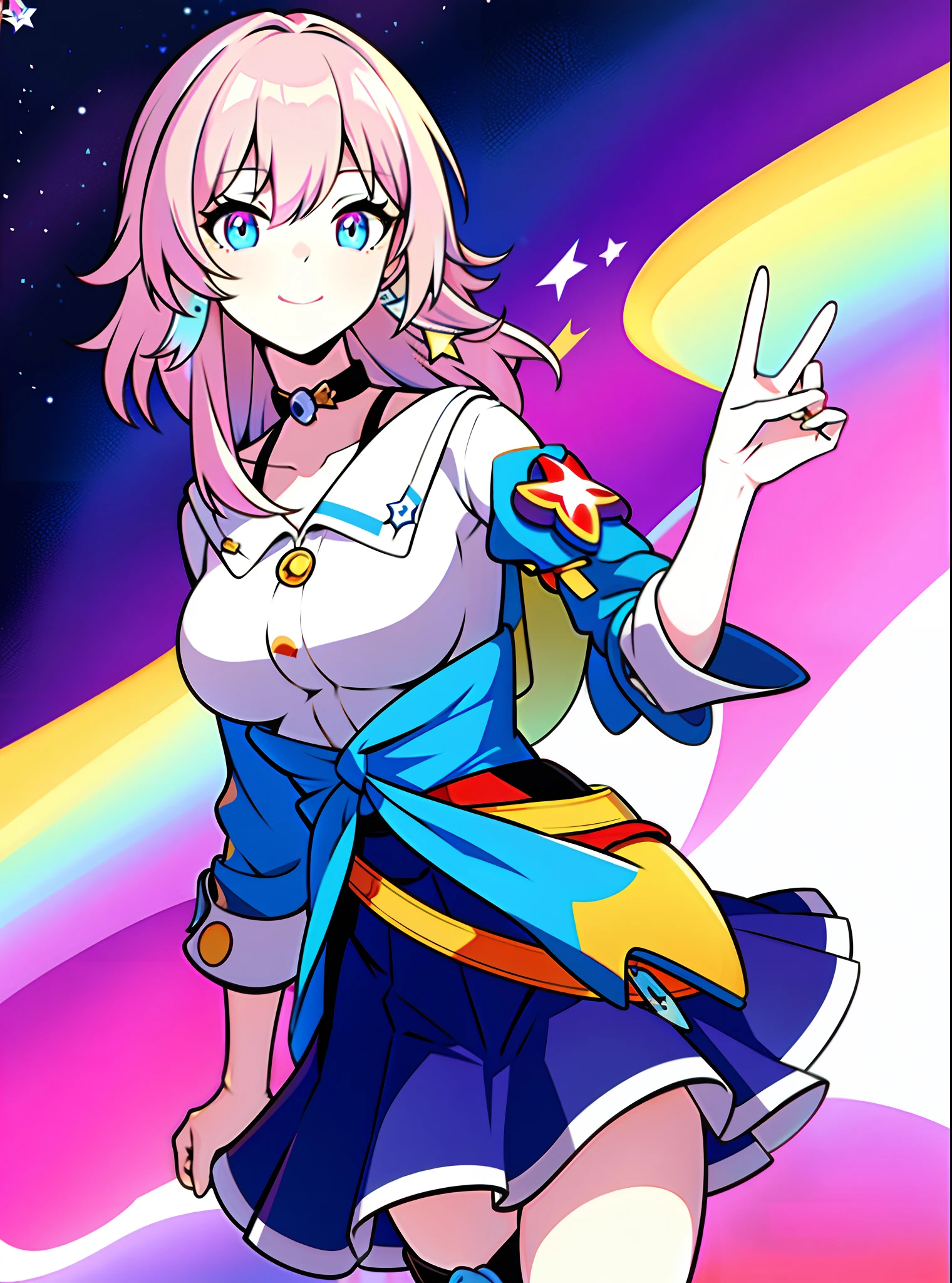 masterpiece, highres, best quality, cartoon, 1girl, flying, cute, abstract background, sticker, space, star \(symbol\), multicolored background, march7th, short hair, multicolored_eyes, pink hair, bangs, blue_eyes, long locks, ribbon earrings, shirt, skirt, choker, jacket, smile,