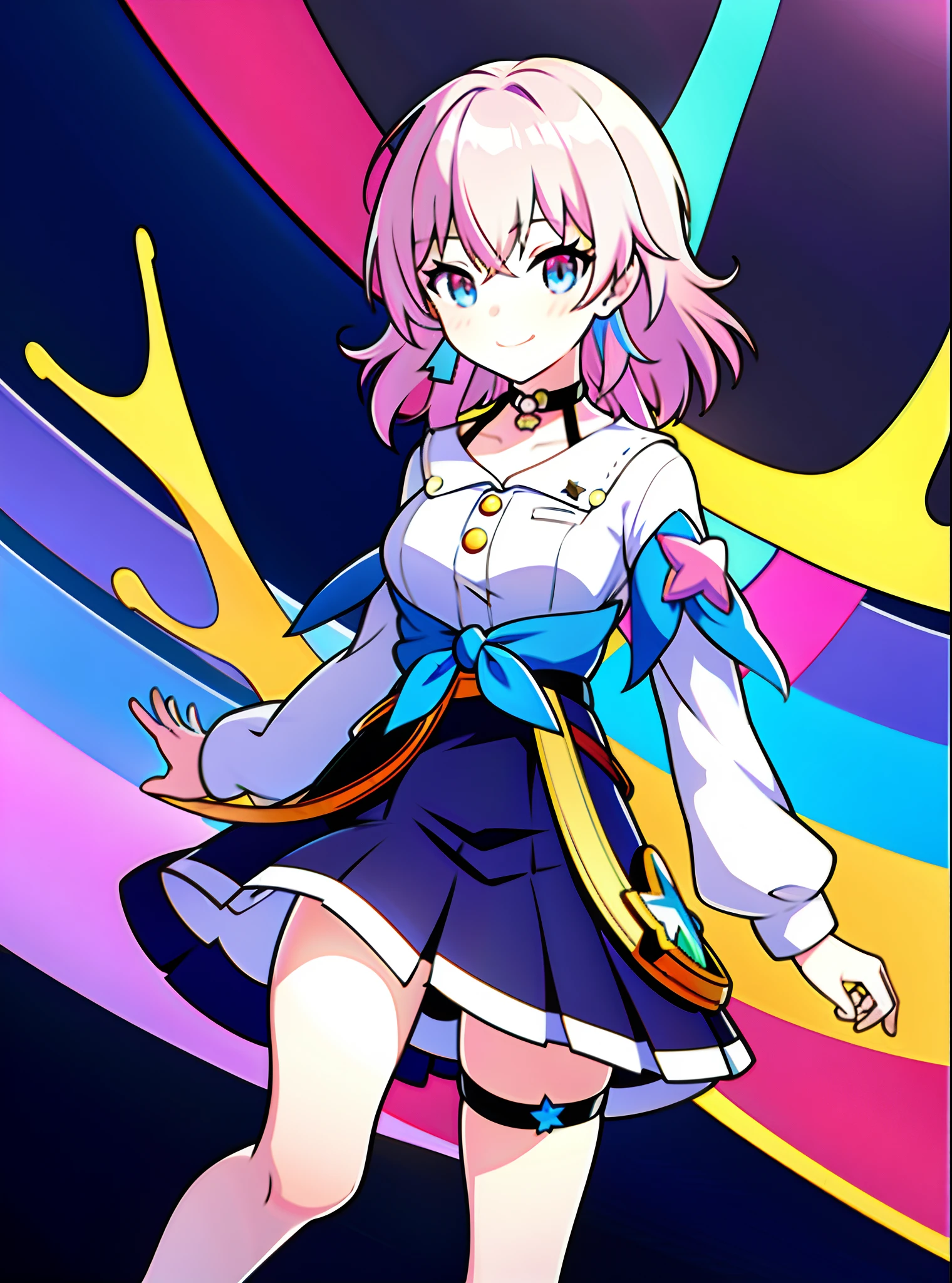 masterpiece, highres, best quality, cartoon, 1girl, flying, cute, abstract background, sticker, space, star \(symbol\), multicolored background, march7th, short hair, multicolored_eyes, pink hair, bangs, blue_eyes, long locks, ribbon earrings, shirt, skirt, choker, jacket, smile,