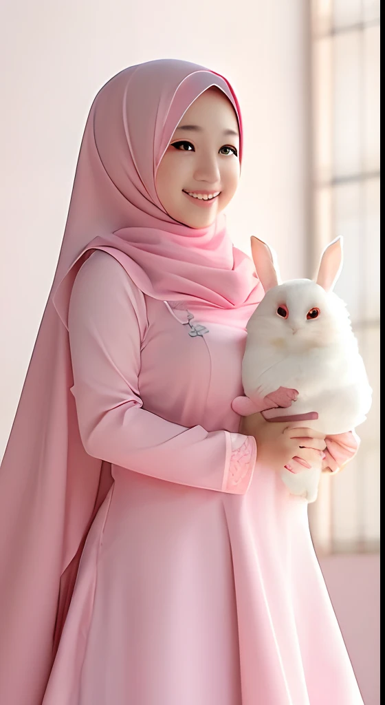 Malay girl with long pink hijab holding a white rabbit, cute anime waifu in a nice dress, 8k, wallpaper, 4k, beautiful style, beautiful anime girl, malay girl with hijab very beautiful, cute malay girl,