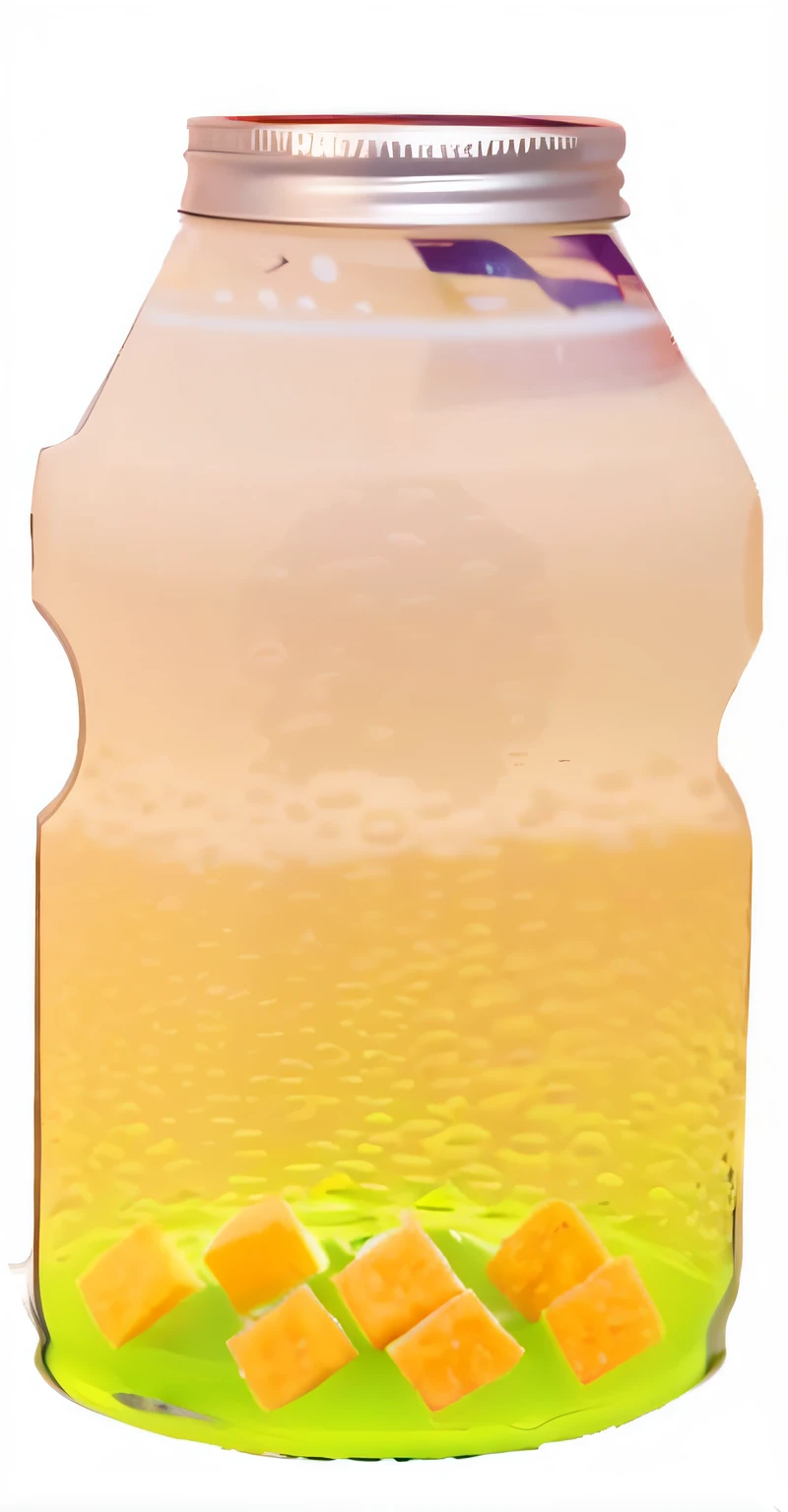 There is a jar,There are diced mangoes at the bottom of the bottle, The surface of the ground with bubble water, extremely grainy, liquid translucent amber, without text, Yakult,Sparkling water