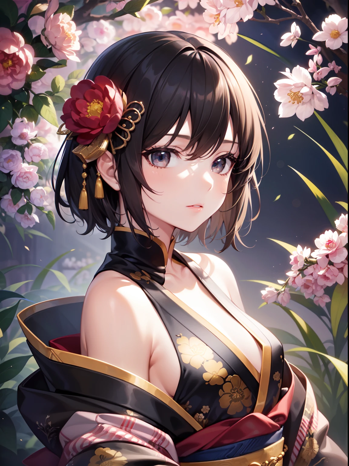 (Best Quality)), (Masterpiece), (Sharpness), 32k, (Best Quality Depiction), (Best Quality), Art, Detailed and Detailed CG Art, Detailed and Detailed CG Art, Detailed Human Body, Perfect Bright Lighting: 1.3, (Perfect Anatomy), (Flawless Body Depiction), Golden Ratio, Depiction of Perfect Woman, 1 Woman, (Japan Adult Female in Early Twenties), (Glossy Black Hair, Short Hair: 1.1), ( Beautiful shiny eyes),(Beautiful face with detailed detail), (Small:1.3), (Beautiful perfect kimono with detailed detail:1.4,Peony pattern), Looking into the distance, Japanese style garden