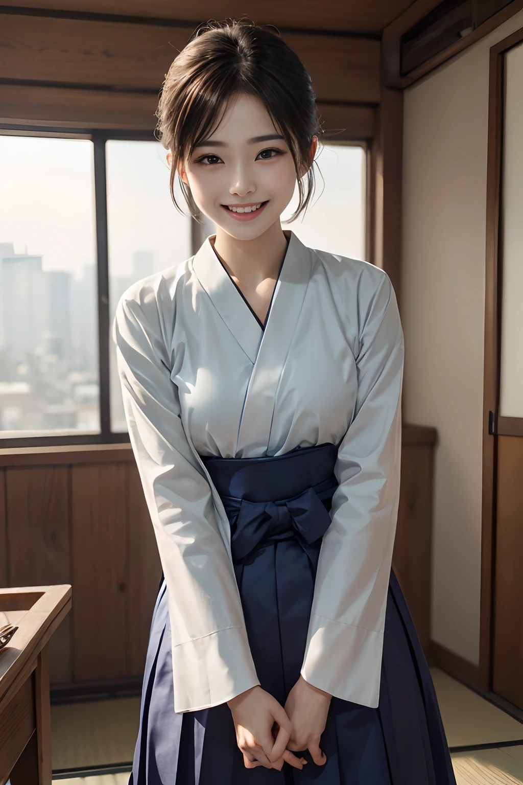 Pubic hair grows、Smile full of happiness、During sex、During sexual、Sex Parties、Panting face、Sweating、Expression in a state of excitement、short-hair、eye glass、Kyudo athlete 、Hakama、cowboy  shot、japanes、Bow in hand、one girls