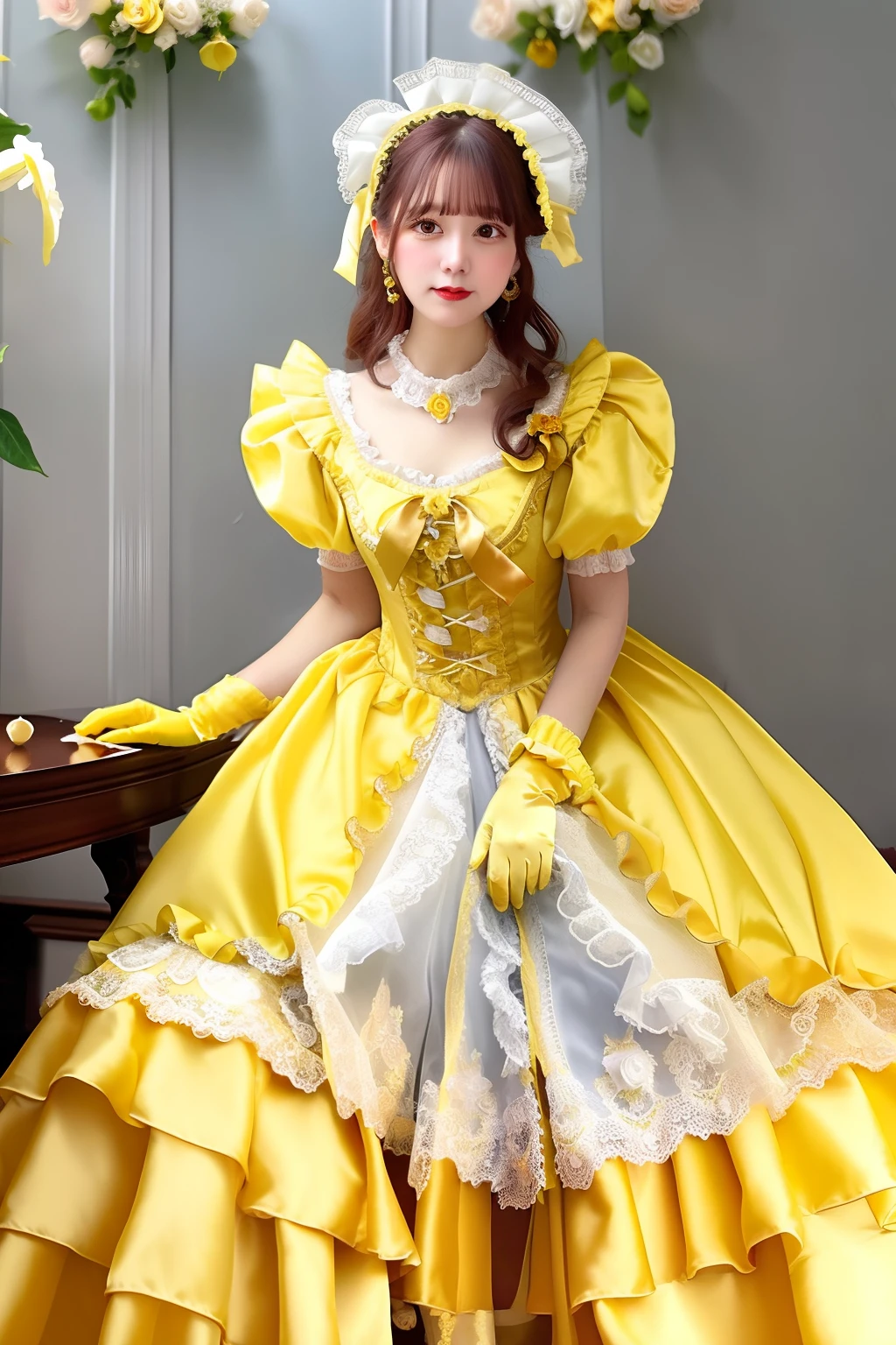 Close up portrait of woman in yellow satin dress and white satin gloves, rococo dress, rococo queen, Victorian yellow dress, rococo ruffles dress, dress in the style of rococo, fantasy dress, Lolita style, ethereal fairy tale, Icy Yellow Dress, victorian dress, Lolita Fashion, magical dress, Full dress, fairycore, Belle Delphine