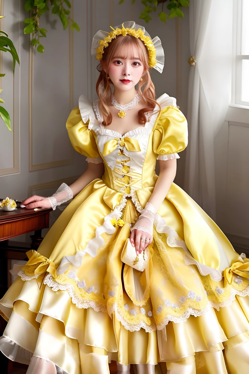 Close up portrait of woman in yellow satin dress and white satin gloves, rococo dress, rococo queen, Victorian yellow dress, rococo ruffles dress, dress in the style of rococo, fantasy dress, ta style, ethereal fairy tale, Icy Yellow Dress, victorian dress, Loliashion, magical dress, Full dress, fairycore, Belle Delphine