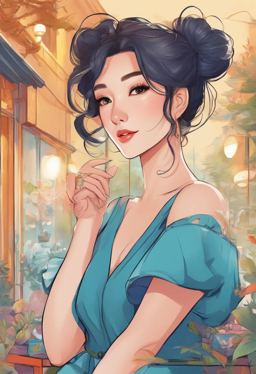 Hairstyles:  shapely, A high ponytail adds an element of sophistication and style, Blackhead,  Super pretty 20 year old Korean girl,happy face, Cartoon style illustration, Comic art, digital illustration , Highly detailed character design, cute detailed digital art, beautiful digital illustration, high quality portrait, Comic art, Asia, Character Design Portrait, Rough line sketch style,