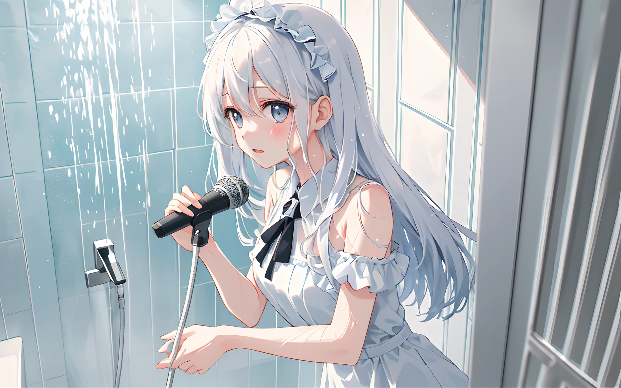 A girl with a pretty face is taking a shower。
White pantyhose cover half the body,Expor uma mama。
His face was slightly melancholy and pious,The shower on the right soaked her,microphone in hand, The water splashed on her and made a few splashes。
The bathroom is black and blue with latticed walls,Atire de baixo