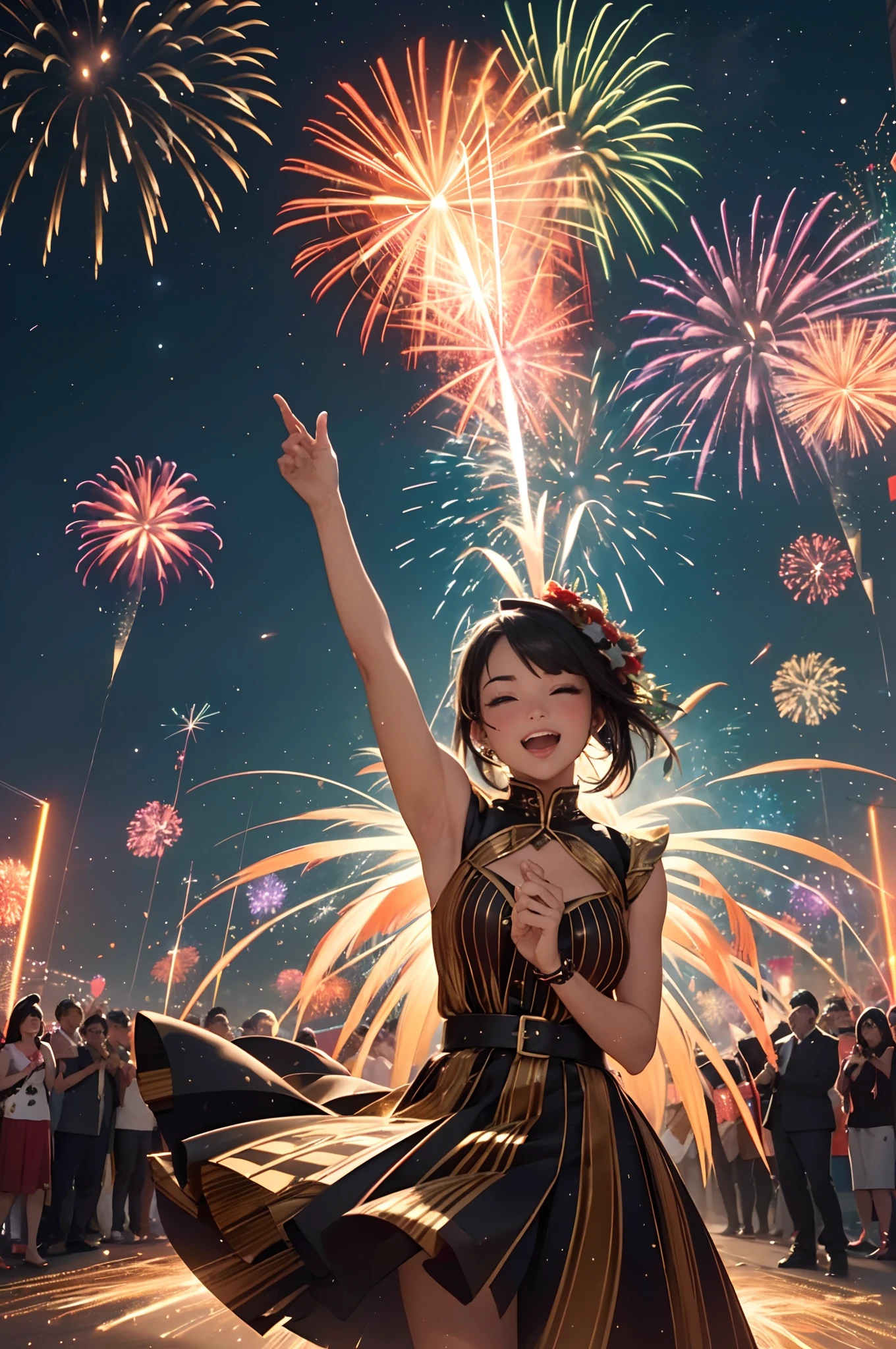 (Best quality,ultra-detailed,professional),(vivid colors,bokeh),(sharp focus),(brilliant fireworks),(nighttime),(celebration),(spectacular display),(colorful explosion),(festive atmosphere),(dazzling lights),(sparkling sparks),(vibrant patterns),(captivating spectacle),(magical moment),(joyful celebration),(bright bursts),(awe-inspiring),(crackling sound),(mesmerizing),(fiery performance),(firework extravaganza),(stunning visuals),(euphoric experience),(illuminated sky),(explosive lights),(breathtaking),(amazing show),(breathless anticipation),(unforgettable),(enchanting),(synchronized),(incredible beauty),(fiery trails),(dancing lights),(illuminating the darkness),(mesmerizing colors),(radiant),(explosive sounds),(spiral patterns),(uplifting),(pyrotechnics spectacle),(cheerful),(sparkling and shimmering),(triumphant display),(nighttime wonderland),(spellbinding),(firecrackers),(burst of light and sound),(magnificent),(glowing in the night sky),(firework artistry),(joyful),(spectacular),(heartwarming celebration),(radiating energy),(miraculous lights),(glorious),(showering sparks),(brilliance and grandeur),(elegant),(crowd's delight),(bright and colorful),(firework magic),(jubilant atmosphere),(illumination),(thunderous applause)