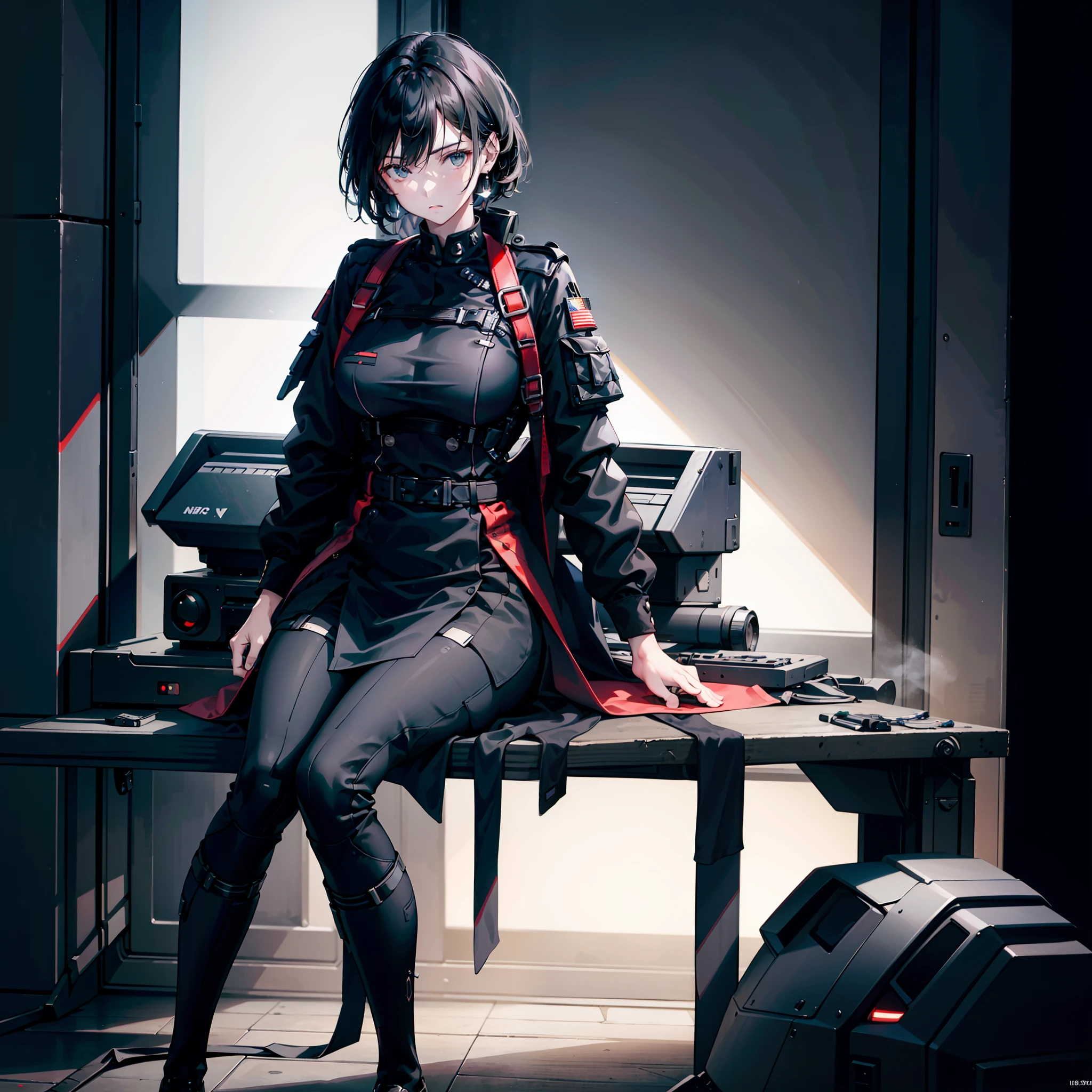 1woman, black hair, cool, tall, mature woman, sci fi, bored expression, wearing completely black military uniform, isolated on completely pitch black background, high res, ultrasharp, 8K, masterpiece, looking at viewer, HDR, sharp focus, absurdres, bokeh