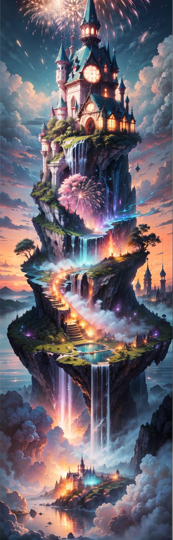 (Spectacular fireworks display, Large fireworks, grand ceremony:1.2)Envision a mesmerizing scene of a magnificent realm of romantic dreams. The environment is filled with intricate floating islands, fluffy clouds, waterfalls cascading from the floating islands, and a vibrant, surreal atmosphere. The atmosphere is filled with a sense of wonder and tranquility. Include many shades of pink in the image along with other vibrant jewel-toned hues. This scene will be depicted in an anime-style illustration, with soft lines, pastel colors, and a whimsical touch. All buildings are extremely detailed and elegant. The artwork will capture the ethereal beauty and tranquility of the dreamlike realm, creating a sense of harmony and escape from the ordinary world. Include teal water, colorful watercolor skies, glowing elements, and many small fantasy details including iridescence, expertly created majestic landscapes, and shimmer and glimmer. Above all else, this should look like a fantasy artwork.