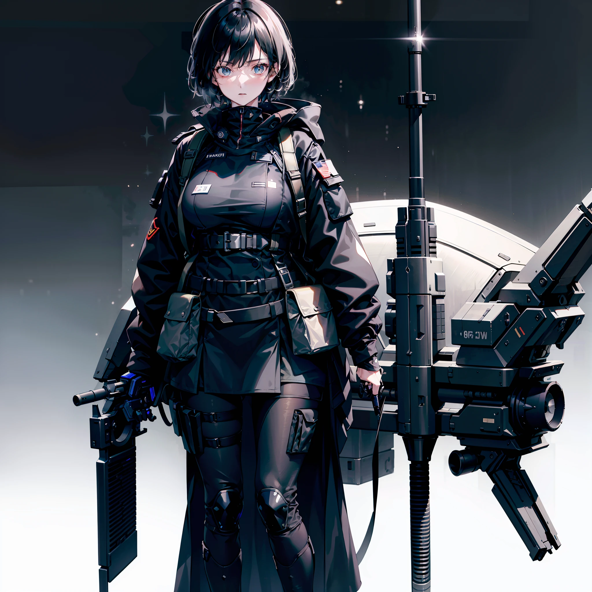 1woman, black hair, cool, tall, mature woman, sci fi, bored expression, wearing completely black military uniform, isolated on completely pitch black background, high res, ultrasharp, 8K, masterpiece, looking at viewer, HDR, sharp focus, absurdres, bokeh