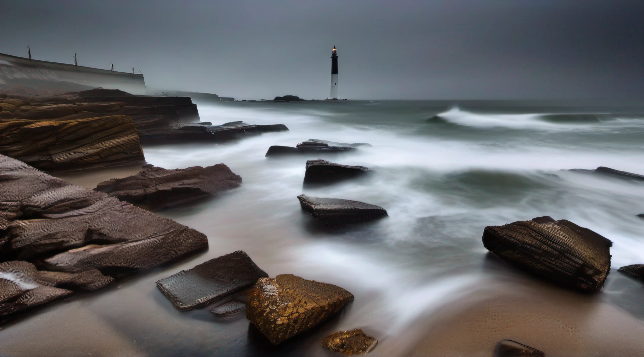 Rainy Morning. Beach and waves, Distant Light House, cliffs. Rocks in the foreground onto which waves land foaming. Long Exposure resulting in foggy look across the sea. A sea bridge, leading to nowhere. Moody rainy atmosphere and matching color. Shot on Nikon D2, 18mm wide angle lens. Ultra HD, photorealistic, 32k, --AR 16:9, --v 5.2, -- s 1255, --CHAOS 10.