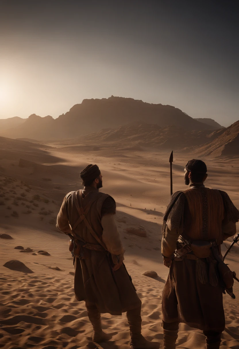 a photorealistic scene depicting 'after The Battle of Uhud at Arab Peninsula in 600 AD' with the utmost attention to detail and realism. Use the Niji 5 rendering engine in Unreal Engine, harnessing the power of Octane Render for lifelike visuals. Ensure the scene captures the historical accuracy and intensity of this battle. Pay meticulous attention to every aspect, including the landscape, soldiers' attire, weaponry, and facial expressions. Utilize high-resolution 4K or 8K resolution for impeccable clarity and detail. Employ HDR lighting for dynamic realism. This scene should transport viewers back in time, making them feel as if they're witnessing the battle unfold before their eyes, cinematic., conceptual art, dark fantasy