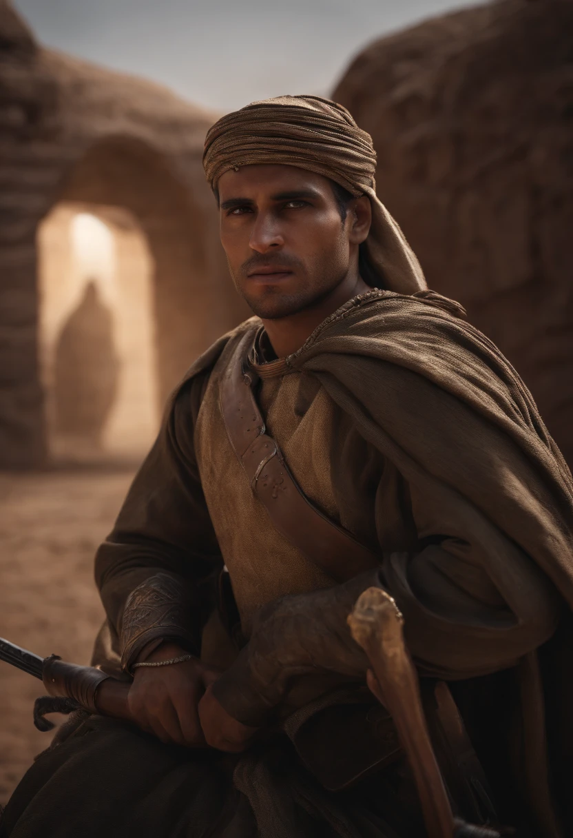 a photorealistic scene depicting 'after The Battle of Uhud at Arab Peninsula in 600 AD' with the utmost attention to detail and realism. Use the Niji 5 rendering engine in Unreal Engine, harnessing the power of Octane Render for lifelike visuals. Ensure the scene captures the historical accuracy and intensity of this battle. Pay meticulous attention to every aspect, including the landscape, soldiers' attire, weaponry, and facial expressions. Utilize high-resolution 4K or 8K resolution for impeccable clarity and detail. Employ HDR lighting for dynamic realism. This scene should transport viewers back in time, making them feel as if they're witnessing the battle unfold before their eyes, cinematic., conceptual art, dark fantasy