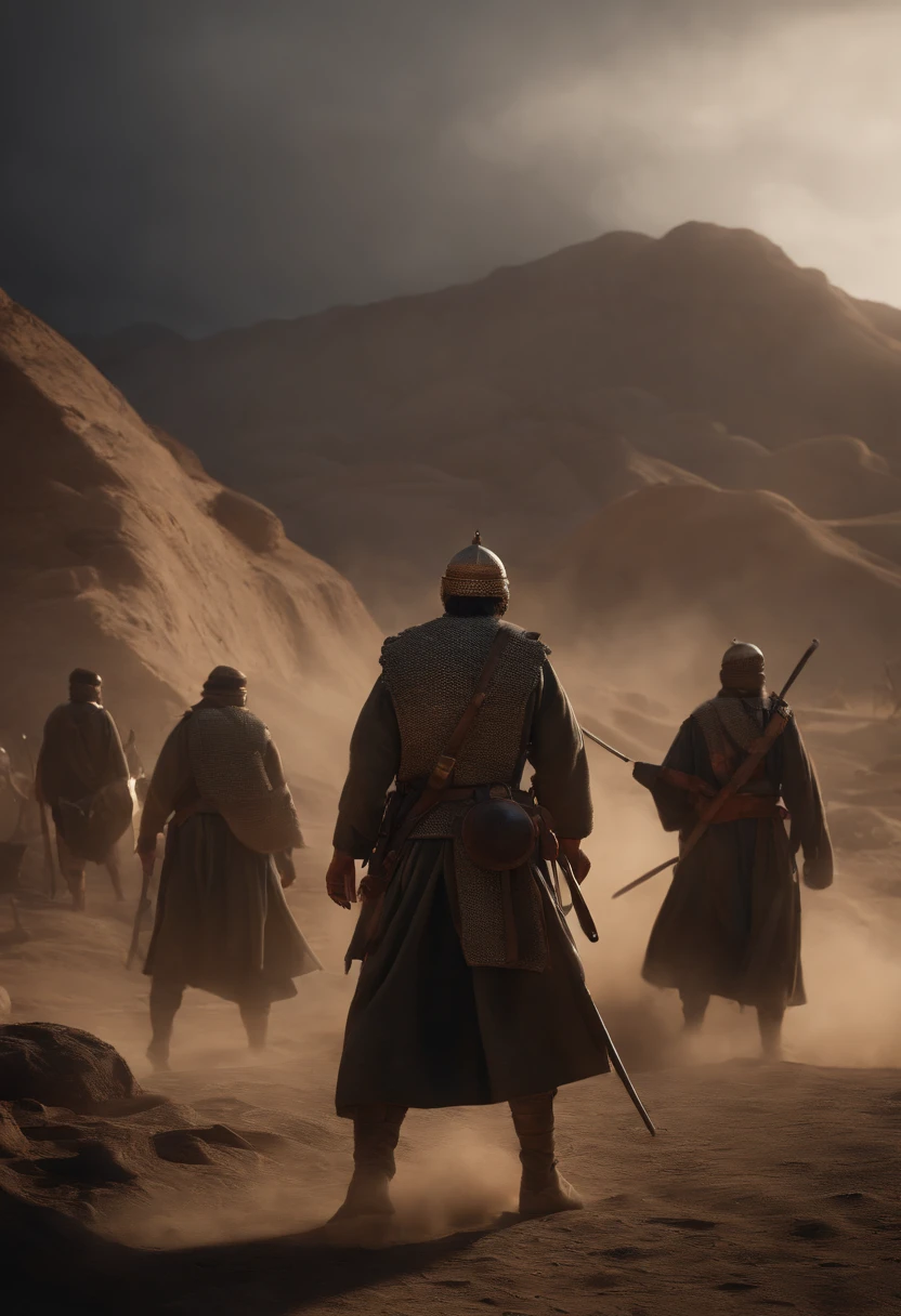 a photorealistic scene depicting 'The Battle of Uhud at Arab Peninsula in 600 AD' with the utmost attention to detail and realism. Use the Niji 5 rendering engine in Unreal Engine, harnessing the power of Octane Render for lifelike visuals. Ensure the scene captures the historical accuracy and intensity of this battle. Pay meticulous attention to every aspect, including the landscape, soldiers' attire, weaponry, and facial expressions. Utilize high-resolution 4K or 8K resolution for impeccable clarity and detail. Employ HDR lighting for dynamic realism. This scene should transport viewers back in time, making them feel as if they're witnessing the battle unfold before their eyes, cinematic., conceptual art, dark fantasy
