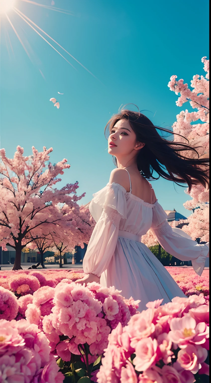 k hd, tmasterpiece, HighestQuali, colourful background, Colorful beautiful woman，Petals flying in the sky