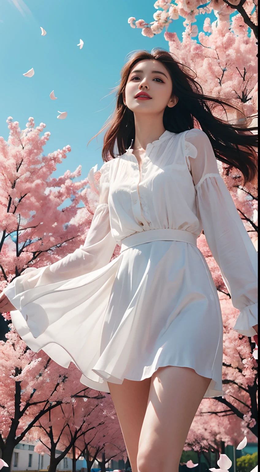 k hd, tmasterpiece, HighestQuali, colourful background, Colorful beautiful woman,Petals flying in the sky