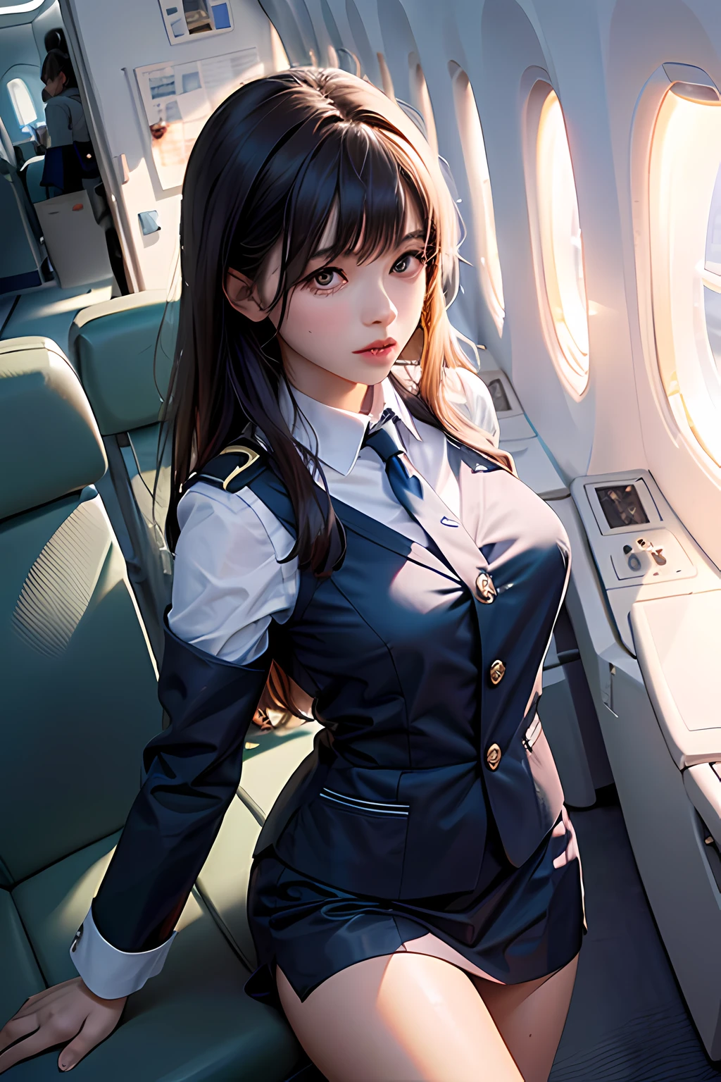 Top Quality, Masterpiece, 8K, Ultra High Definition, (Photorealistic: 1.4), 1 Girl, Beautiful Face, Symmetrical Eyes, Big, Perfect Body Proportions, Stewardess Uniform, Viewer's Look, (Inside the Airplane: 1.2), Front View, Shoulder Jump, Absolute Area (1.3),