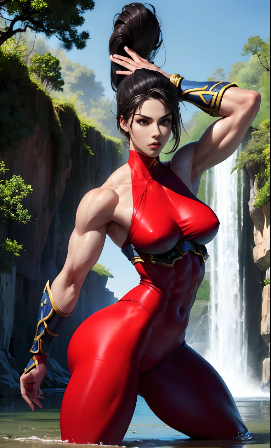 1 girl, taki soulcalibur, toned body, emphasized ass, slender, perfect body proportion, corrected anatomy, slender , toned hips, erect, streak, emerge, (taki detailed costume)), ass protruding, the woods,river, water flow background, ((masterpiece)), raw photo, surealisme, ultrarealistic, ultra hd