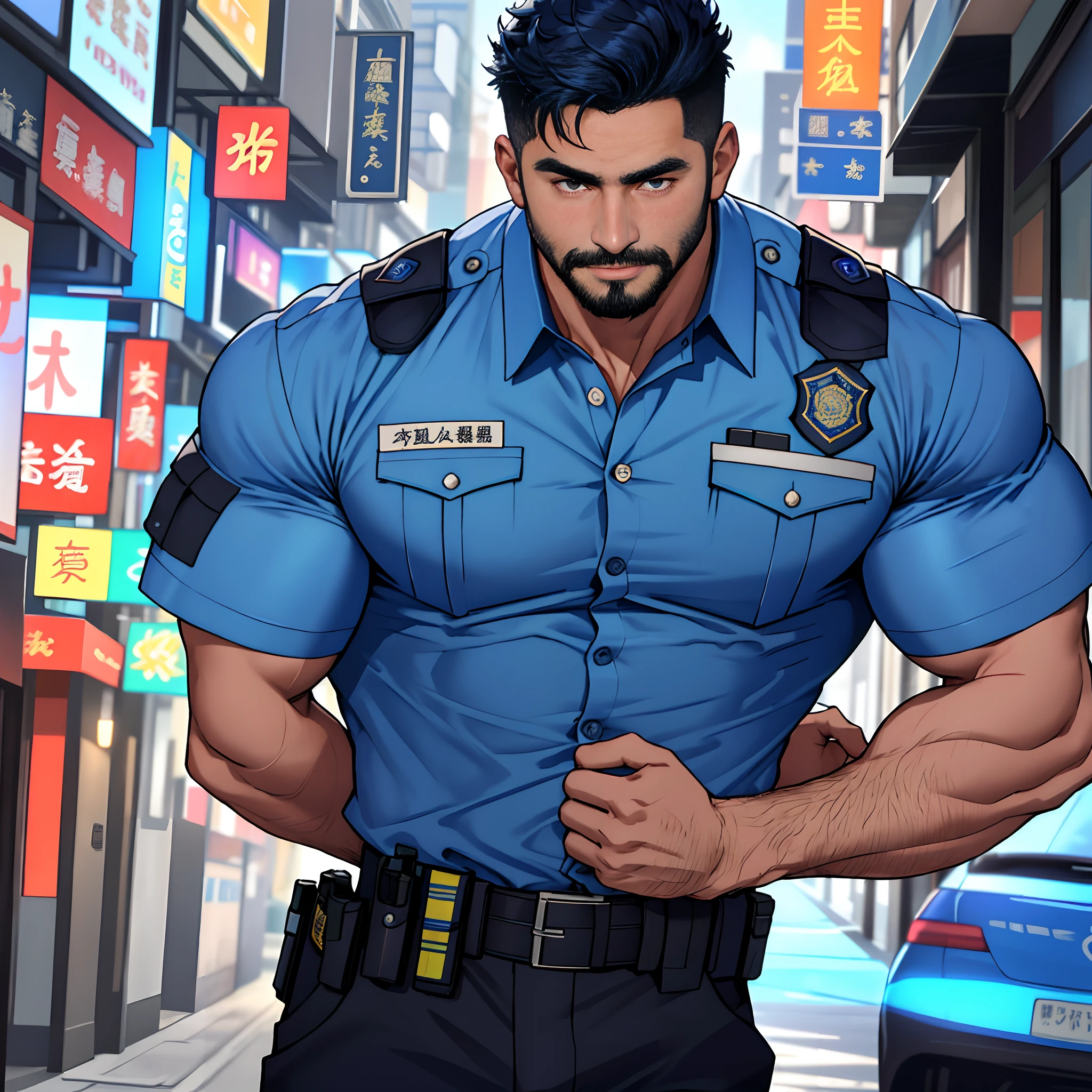 best qualtiy， tmasterpiece， 超高分辨率， detailedbackground， photorealestic， illustratio， Single， 1   boy， Muscle men， sbeard， Police， the street， musculature， Facial hair， Volumetriclighting， depth of fields， Blue short-sleeved shirt police uniform