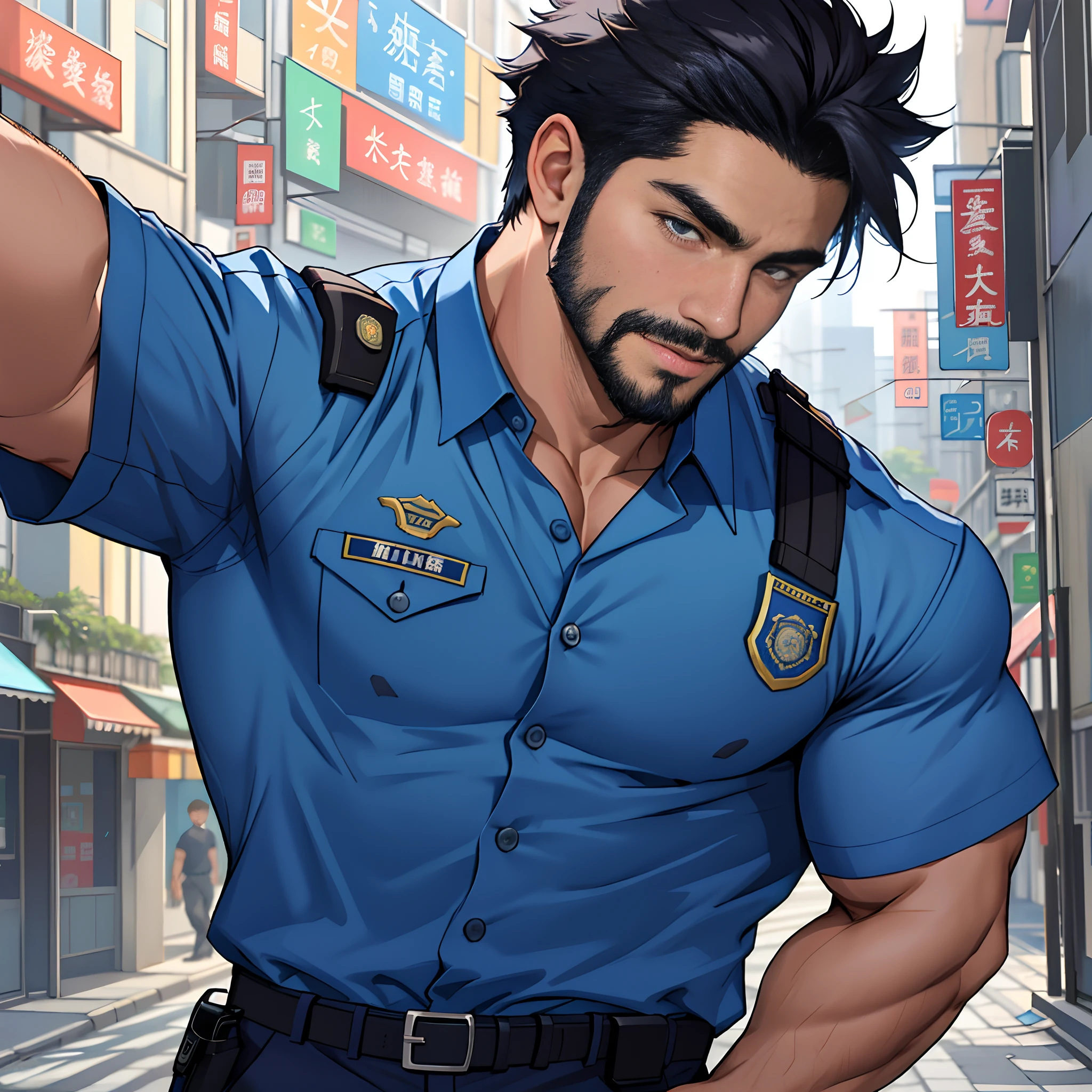 best qualtiy， tmasterpiece， 超高分辨率， detailedbackground， photorealestic， illustratio， Single， 1   boy， Muscle men， sbeard， Police， the street， musculature， Facial hair， Volumetriclighting， depth of fields， Blue short-sleeved shirt police uniform