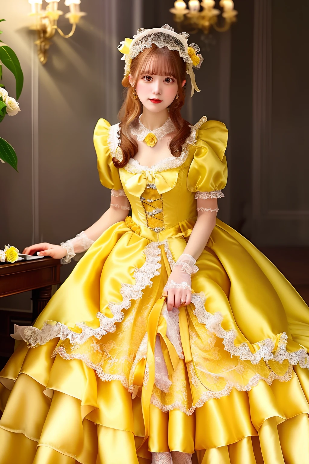 Close up portrait of woman in yellow satin dress and white satin gloves, rococo dress, rococo queen, Victorian yellow dress, rococo ruffles dress, dress in the style of rococo, fantasy dress, ta style, ethereal fairy tale, Icy Yellow Dress, victorian dress, Loliashion, magical dress, Full dress, fairycore, Belle Delphine