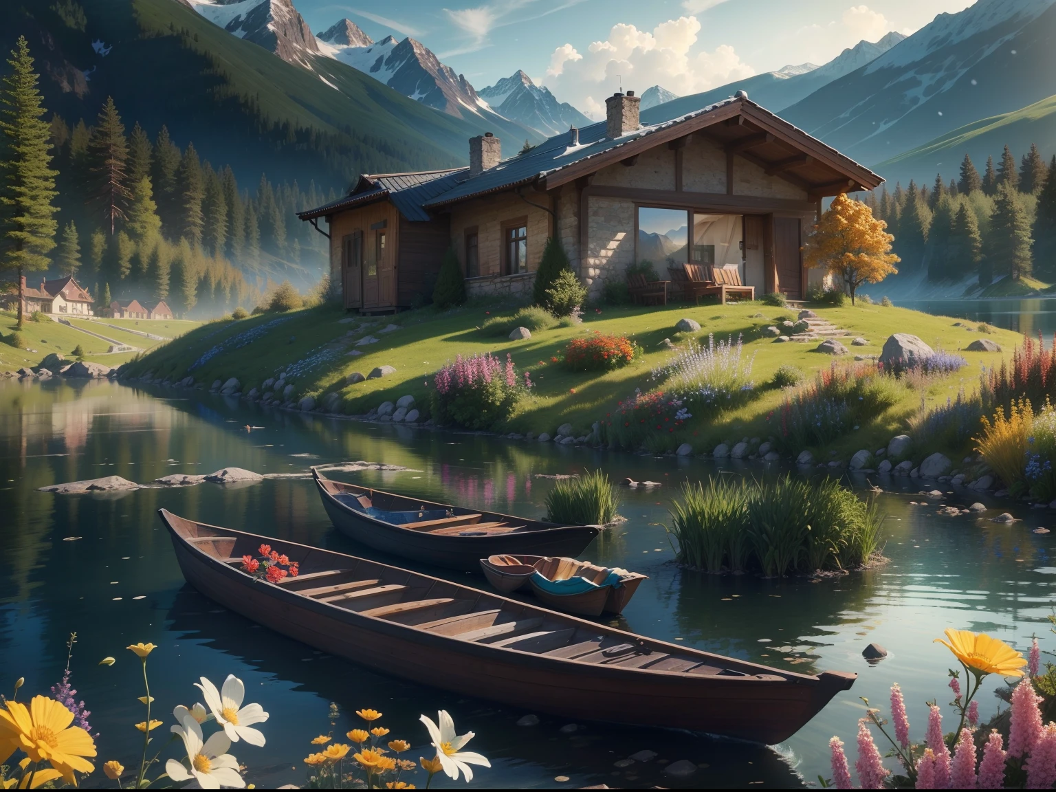 Villa by the lake, small boats,  wildflowers, snow mountains, Blue sky. and the sun was shining brightly, the detail， 4K， k hd， high high quality.