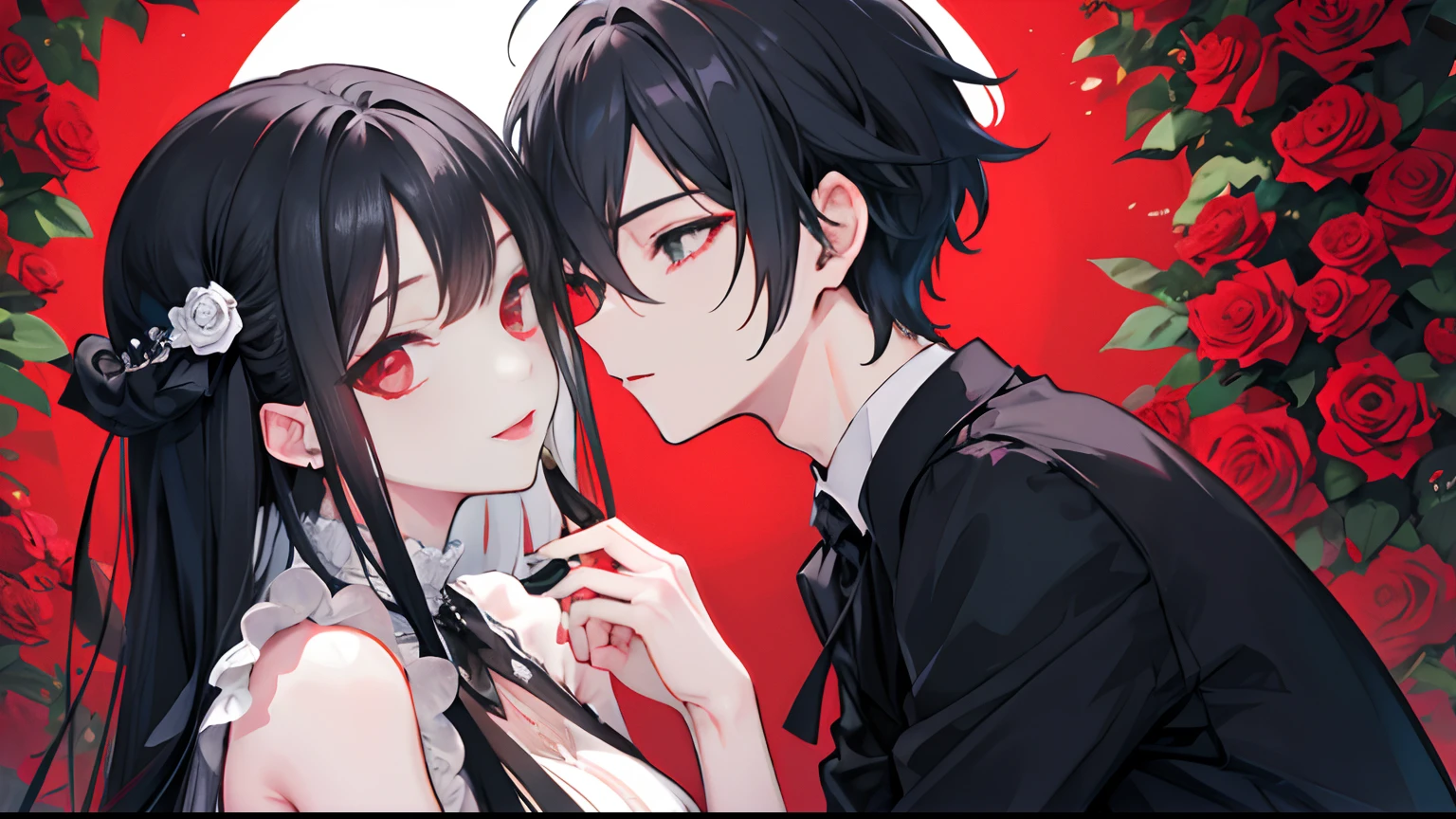 a couple, 1 girl, 1 boy, Close face, Romance, girl long black hair, Boy short silver hair, roses, Vampire