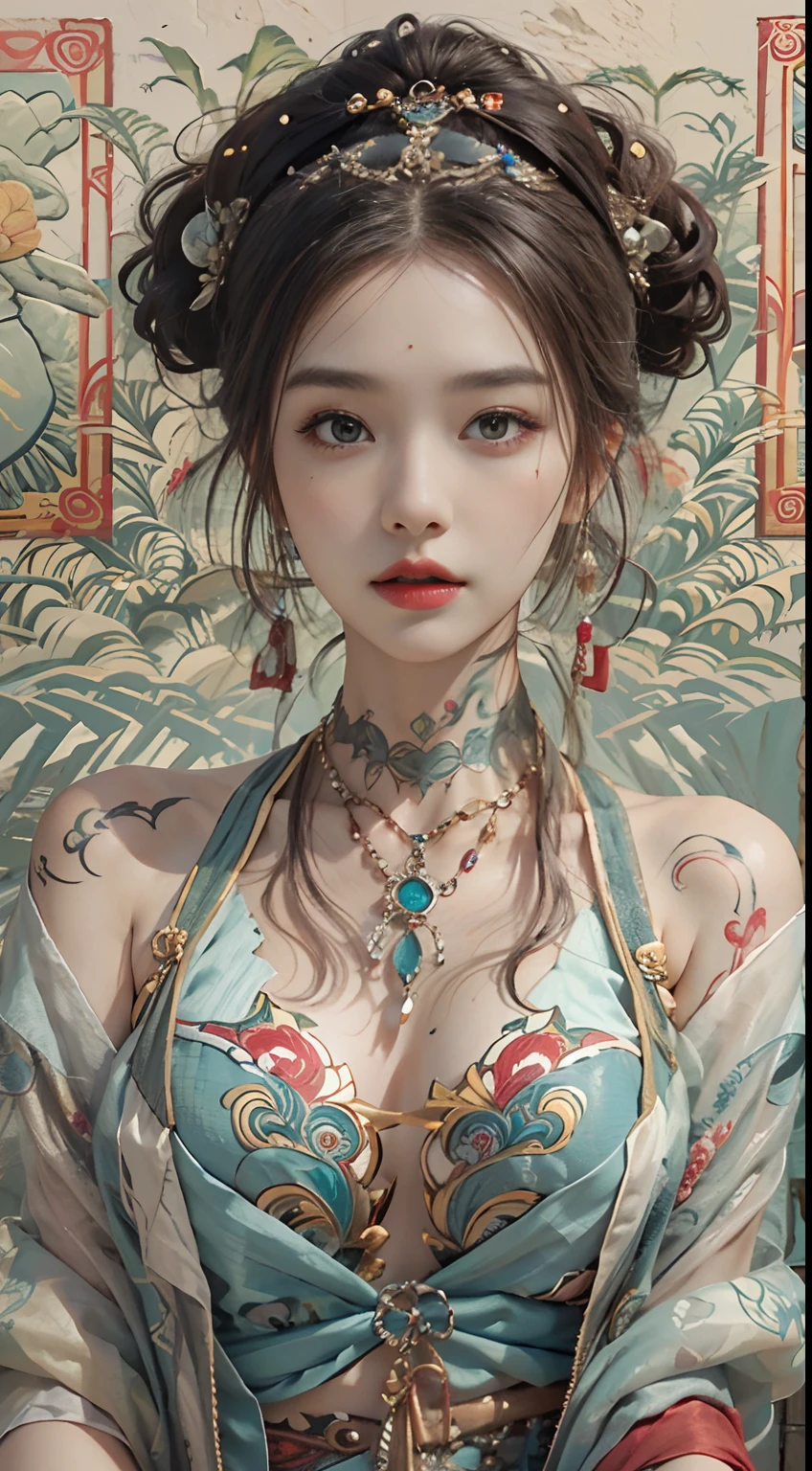 Photorealistic, high resolution, 1womanl, Solo, Hips up, view the viewer, (Detailed face), dunhuang_dress, jewelry, tattoo