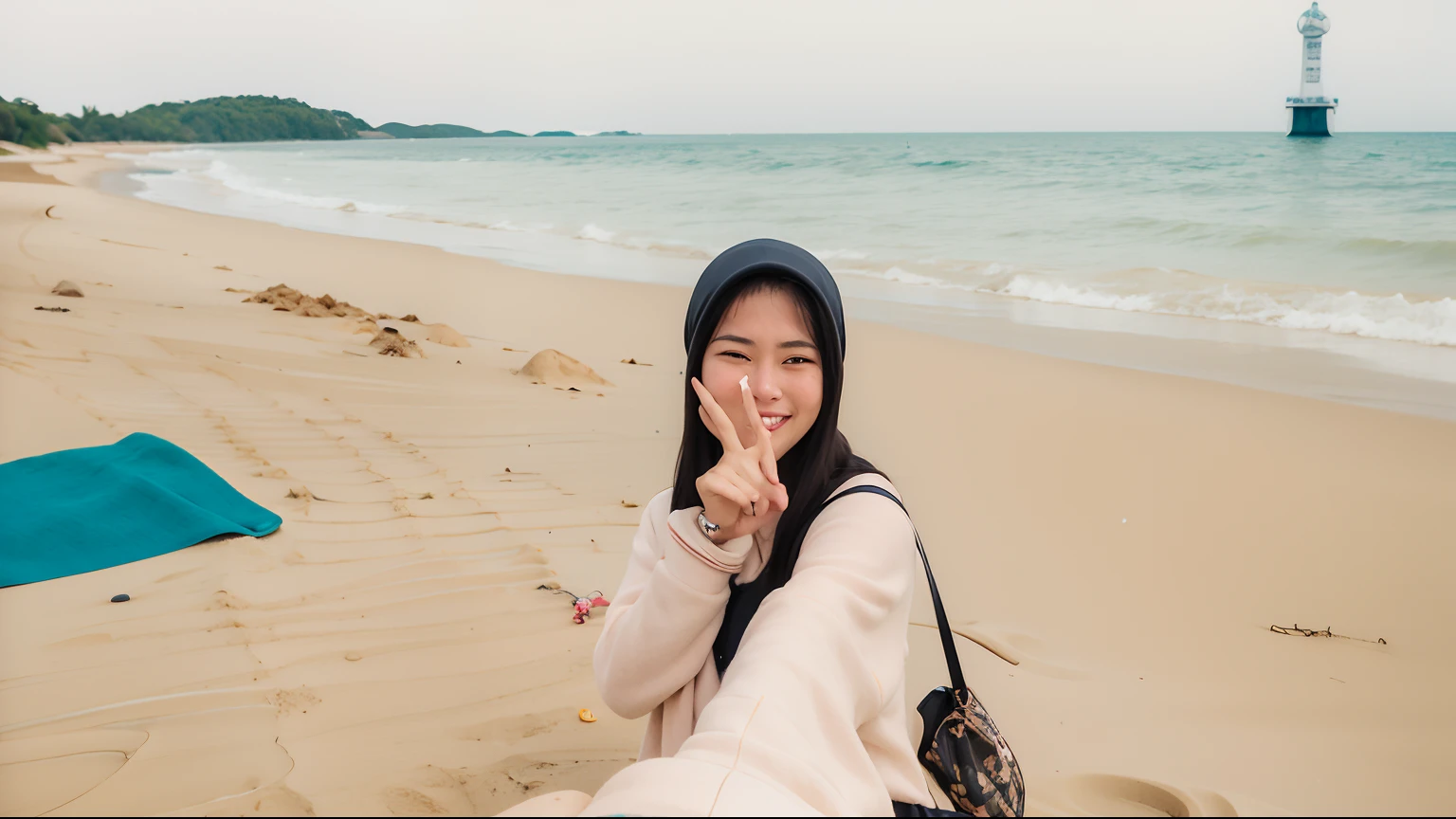 there is a woman that is standing on the beach with her hand up, wave a hand at the camera, in the beach, at a beach, posing on a beach with the ocean, photoshot, 8k selfie photograph, with big starfish, selfie photography, taken with canon eos 5 d mark iv, on beach, photo taken with canon 5d, selfie photo, anime face