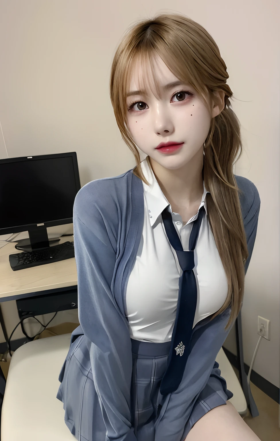 best quality, (photorealistic:1.2), 1girl, solo, 1girl, solo, brown eyes, brown hair, long hair, looking at viewer, school uniform, masterpiece ,upper body,cleavage,